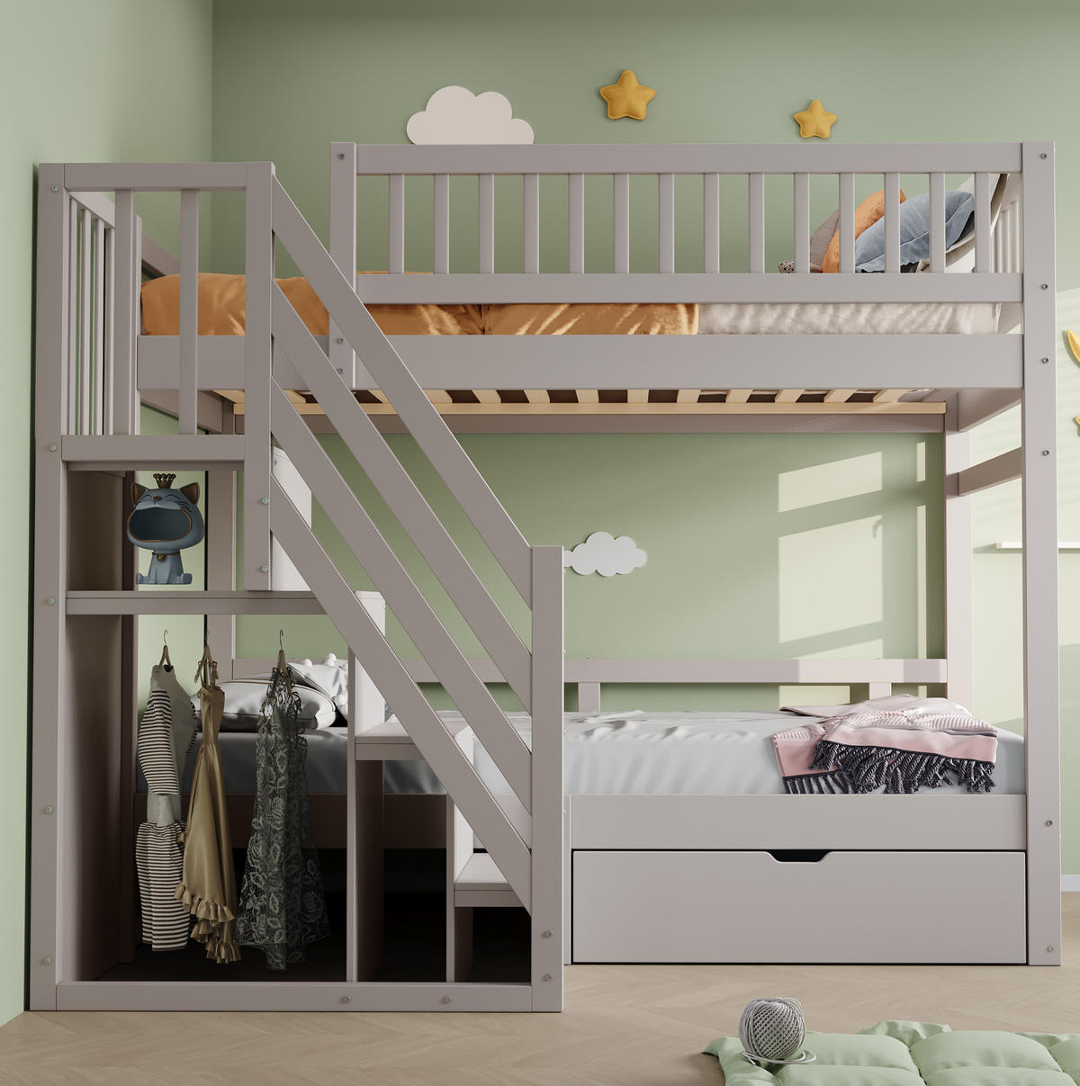 ETAGENBETT 90/200 cm Grau aus Massivholz mit Stauraum und Lattenrosten - Grau, Holz (90/200cm) - Flora Grace
