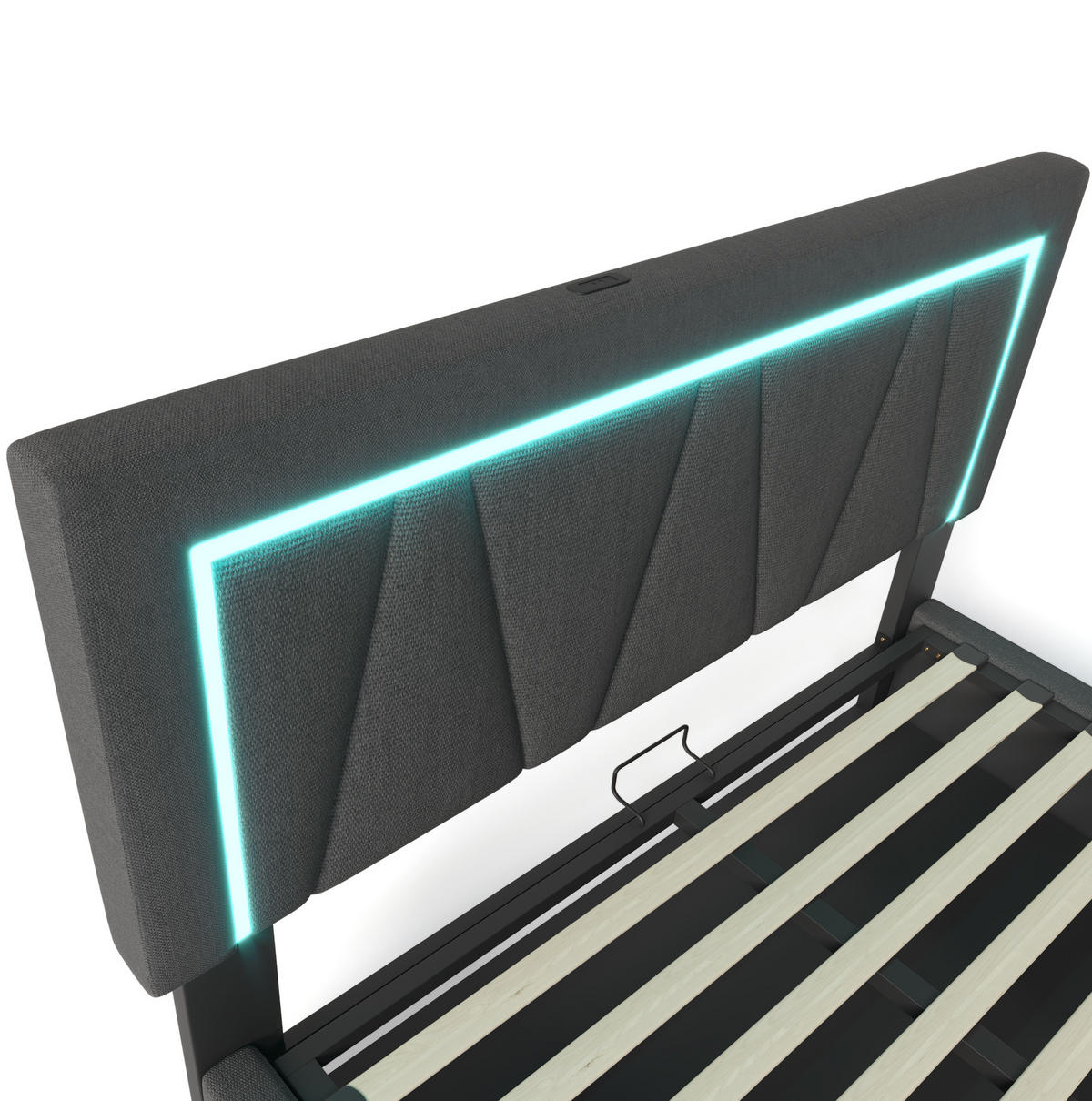 POLNJENA postelja iz lanu 140x200 cm sivo/bež z LED osvetlitvijo, USB in Type-C priključkom ter dvižnim predalom - siva, tekstil (140/200cm) - Modfu