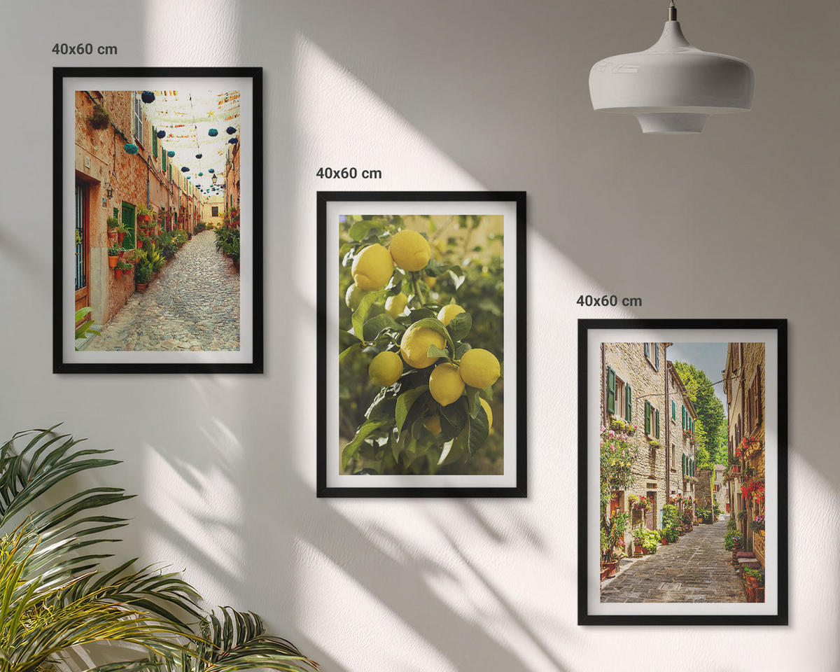 WANDBILDER 3er-Set - 40x60 cm Schwarzer Rahmen - Straßen mit Zitronenblüten im Hintergrund - Schwarz, Kunststoff (40/60cm) - ArtPrintCave