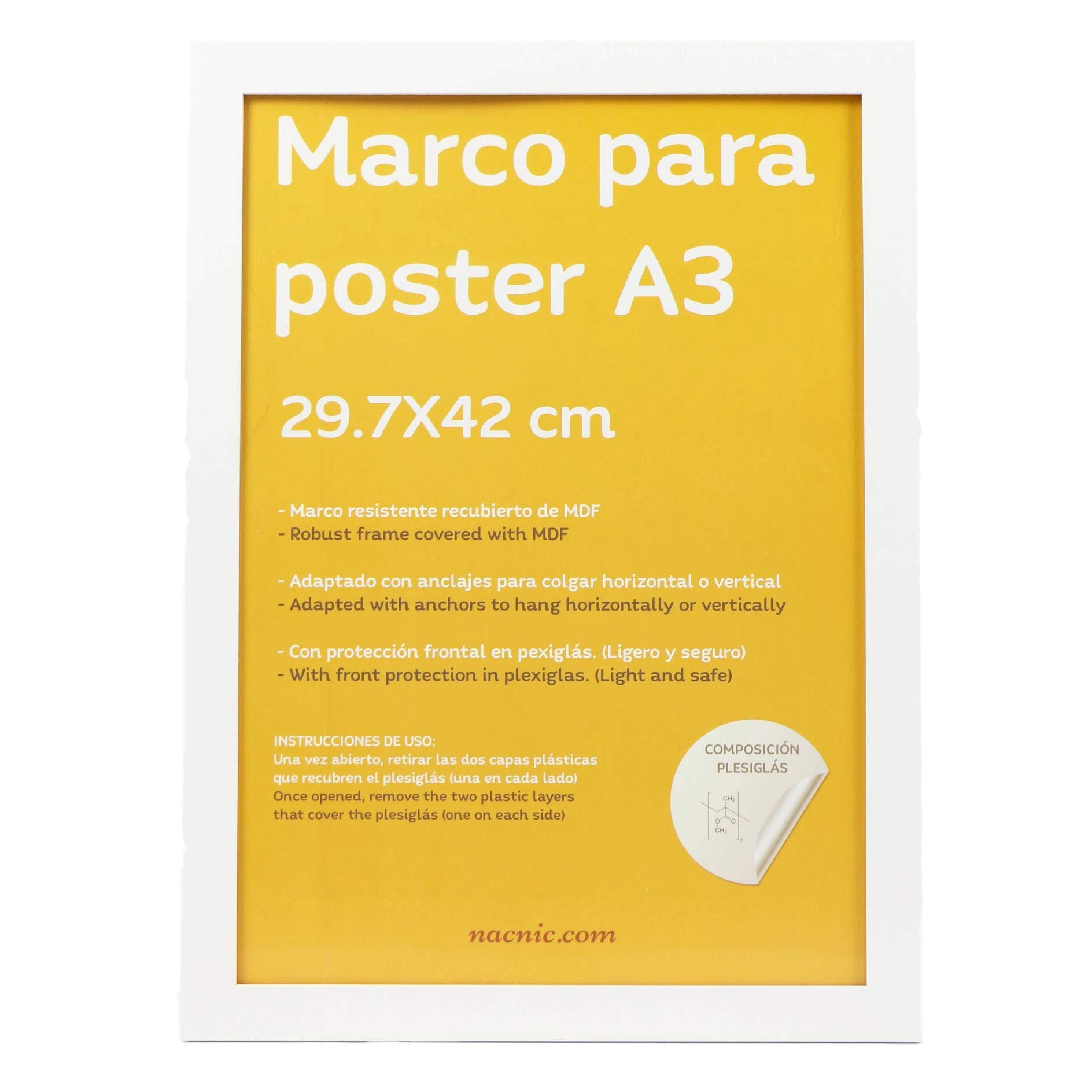 RAHMEN aus MDF und Acrylglas Schutz und Aussteller für Fotografien, Bilder, Poster, Gemälde, Dekoration für Haus Farbe Weiß A3 - Weiß, Holz (29.7/3/42cm) - Nacnic