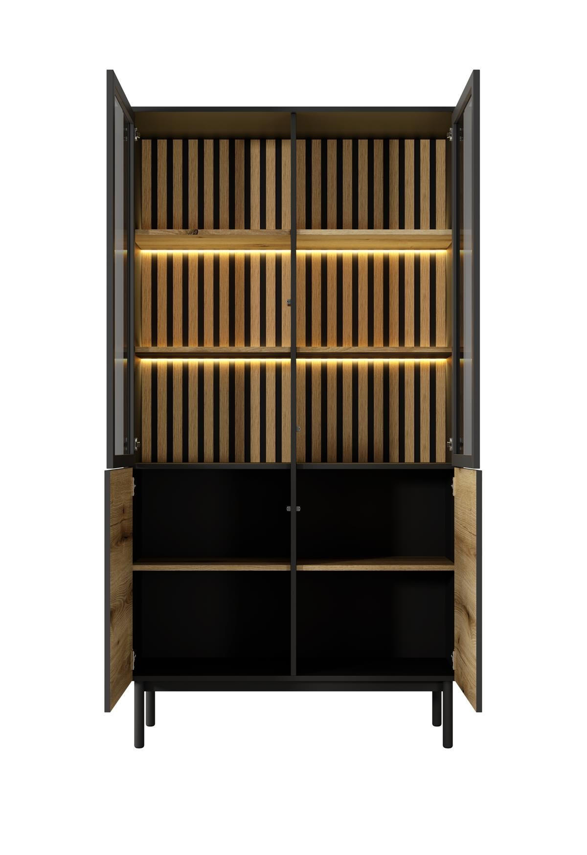 VITRINE Lango 188 Schwarz mit Eiche Evoke, Glasvitrine mit Led-Beleuchtung - Schwarz, Holzwerkstoff (100/188/39cm) - Bettso