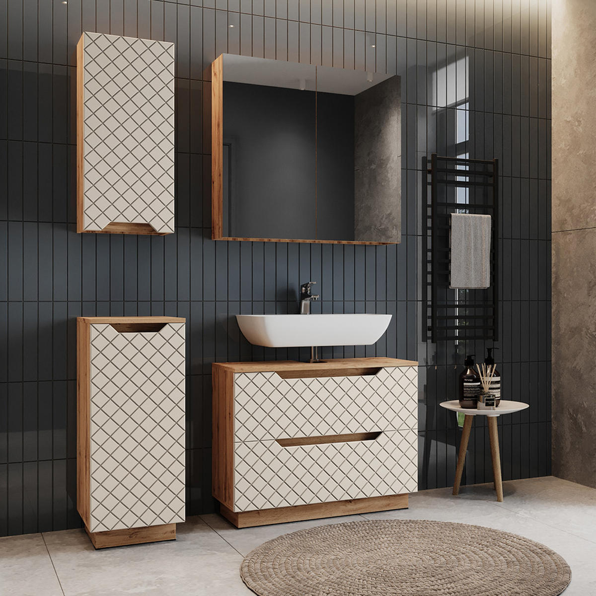 BADMÖBEL-SET Lotta Eiche/Kaschmir mit Kachelstruktur 4 Teile - Kaschmir/Eichefarben, Holzwerkstoff (79.6/62.5/32cm) - Vicco