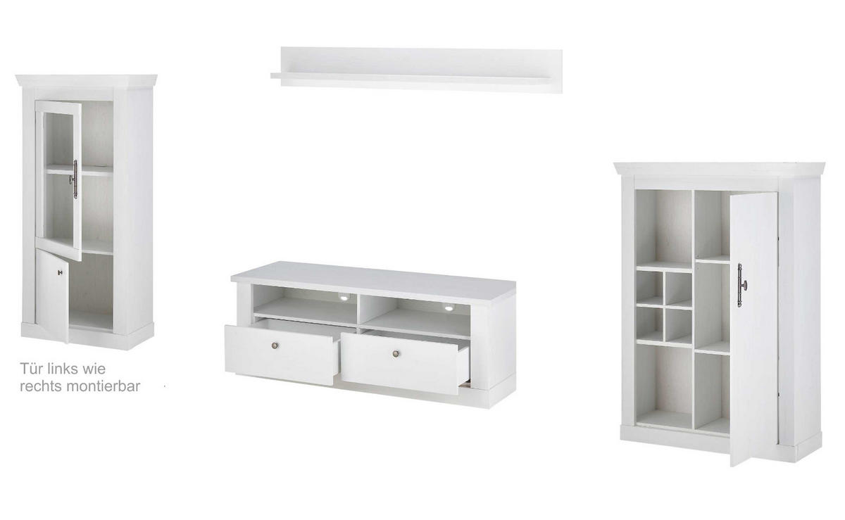 WOHNWAND weiß Pinie Landhaus, Wohnkombination 4-teilig, Soft-Close-Funktion - Silberfarben/Weiß, Holzwerkstoff/Metall (334/170/45cm) - Furn.Design