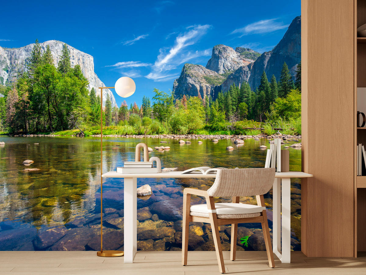 FOTOTAPETE für Wohnzimmer Yosemite Nationalpark Panorama Berge 350x256 - Blau/Beige, Papier (350/256cm) - Muralo