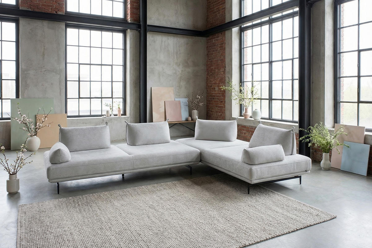 ECKSOFA CANE Grau Webstoff - Schwarz/Grau, Textil/Metall (310/210cm) - KAWOLA