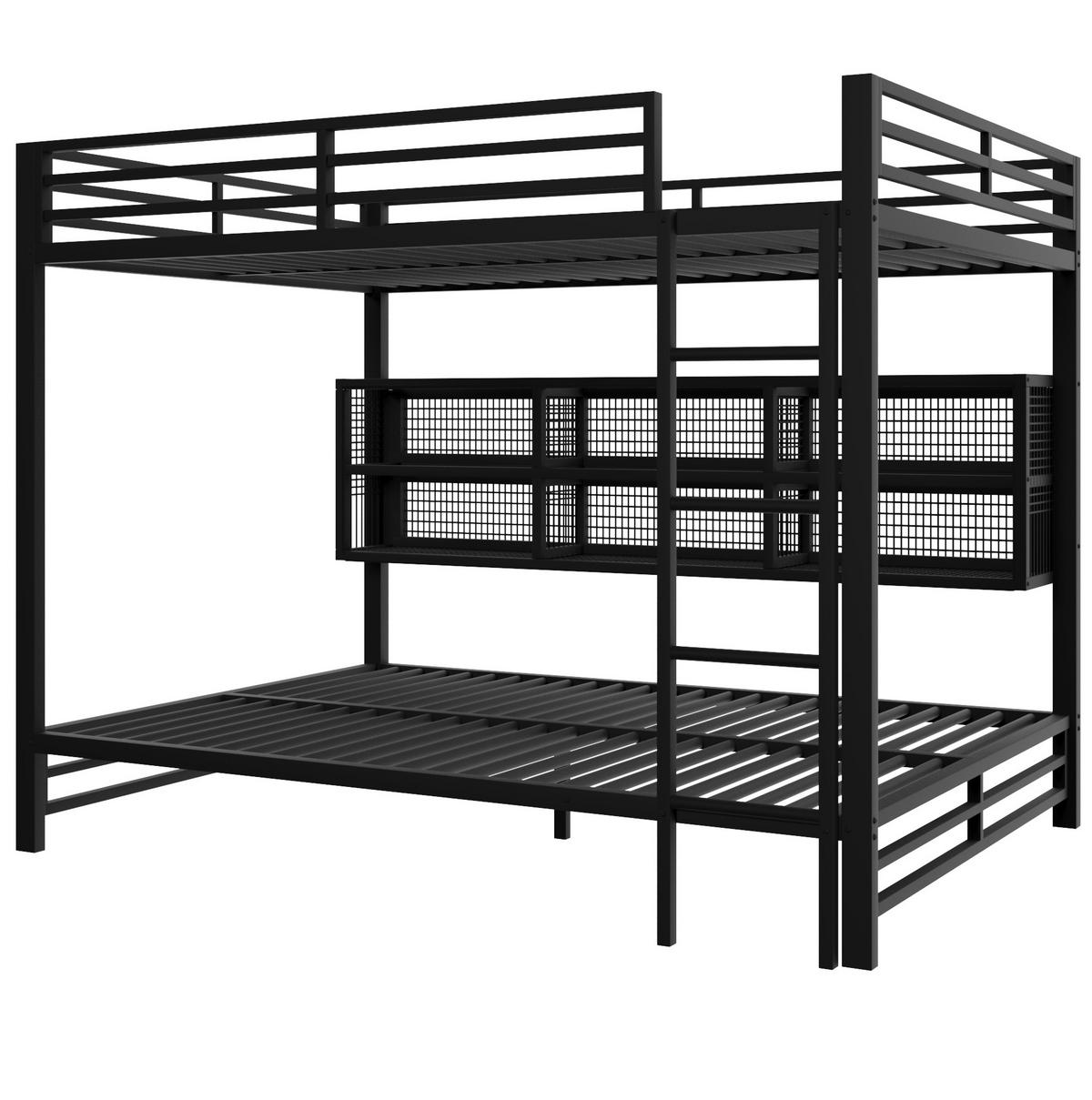 ETAGENBETT aus Metall 140x200 cm Schwarz mit 6 Stauraumschränken, Schutzgittern und LED-Beleuchtung - Schwarz, Metall (140/200cm) - Modfu