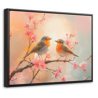 LEINWAND Bilder mit Rahmen - Rotkehlchen - Zierpflanze - Blütenzweig - 40x30 - Hellrosa, Textil (40/30cm) - MuchoWow