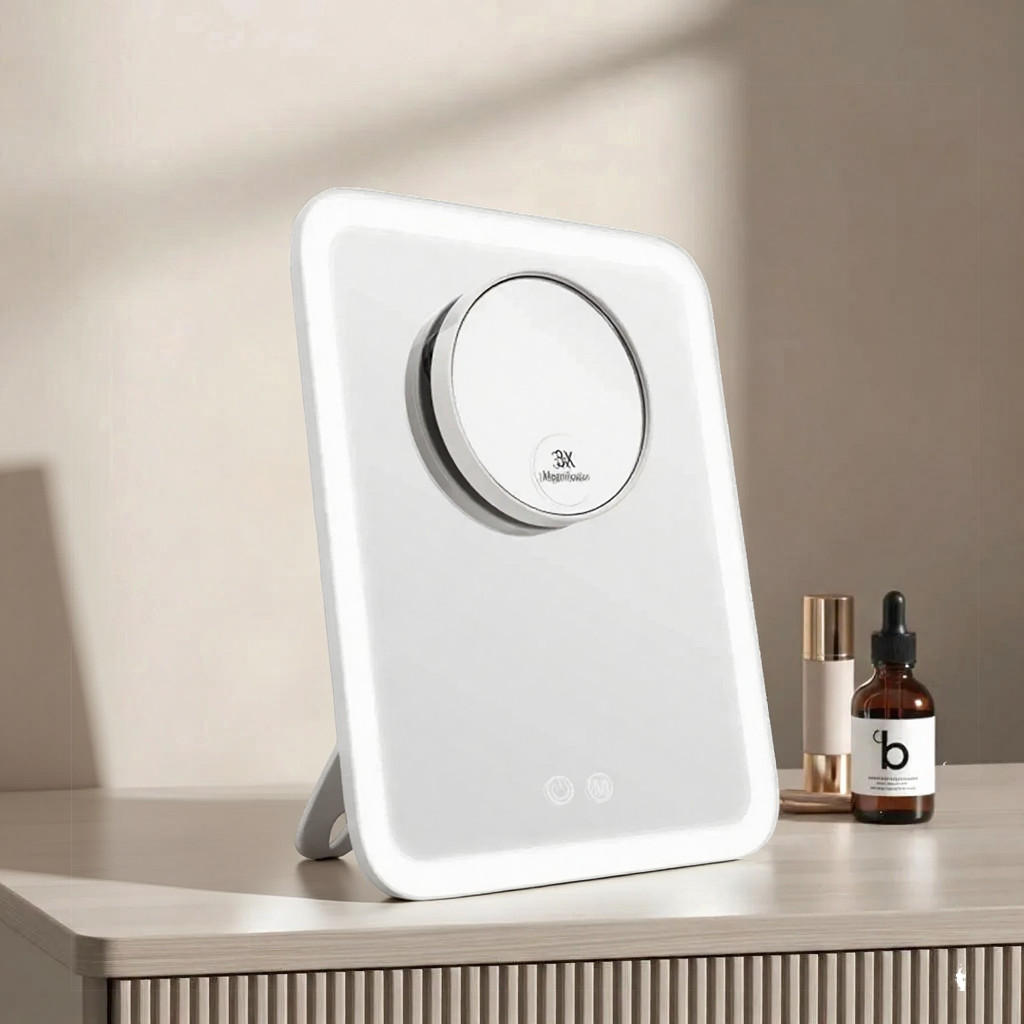 KOSMETIKSPIEGEL mit Licht & abnehmbarem Extraspiegel, Weiß, 23,3/18 cm - Weiß, Glas (23.3/23.3/18cm) - EMKE