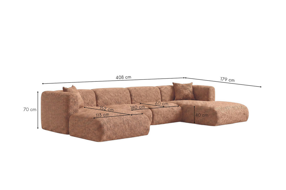 ECKSOFA U-Form, Chenille-Stoff Cremona, Hellbraun, GRETA - Hellbraun, Holz (408/70/179cm) - Kaiser Möbel