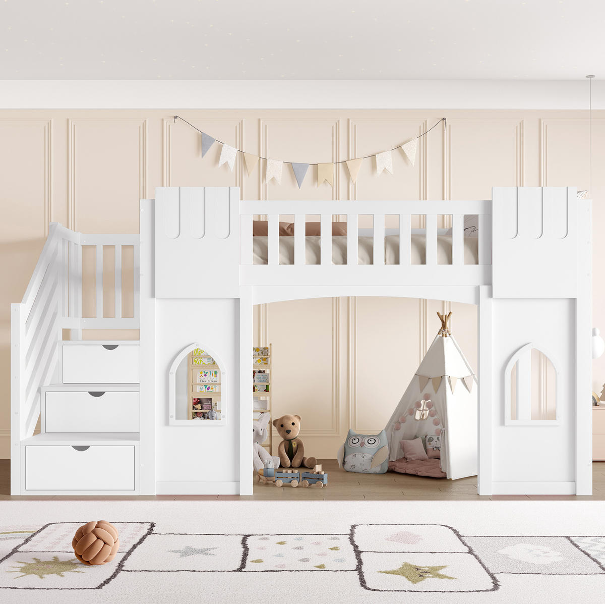 VYSOKÁ posteľ 90/200 cm biela z MDF a borovice s úložnými schodmi a oknami - biela, kompozitné drevo (90/200cm) - OKWISH