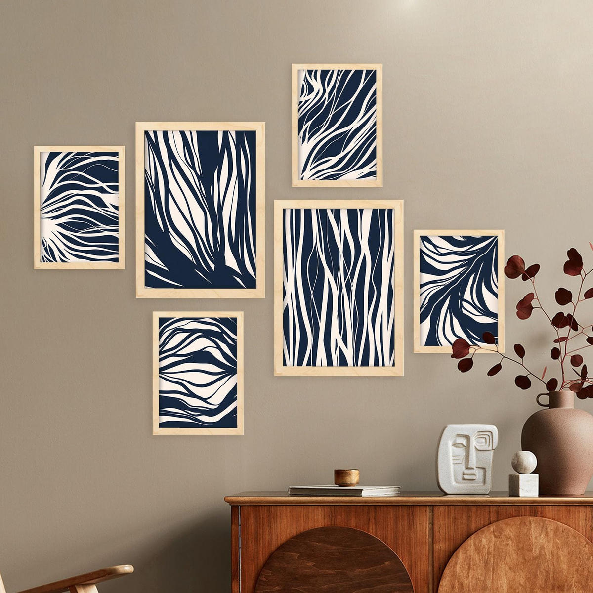 POSTER Set Mit 6 Zweigmuster In Abstrakter Form Ästhetische Dekodrucke Für Ihr Wohnzimmer, Schlafzimmer Oder Zuhause A3 & A4 Rahmen Aus Hellem Holz - Beige, Papier (29/3cm) - Nacnic