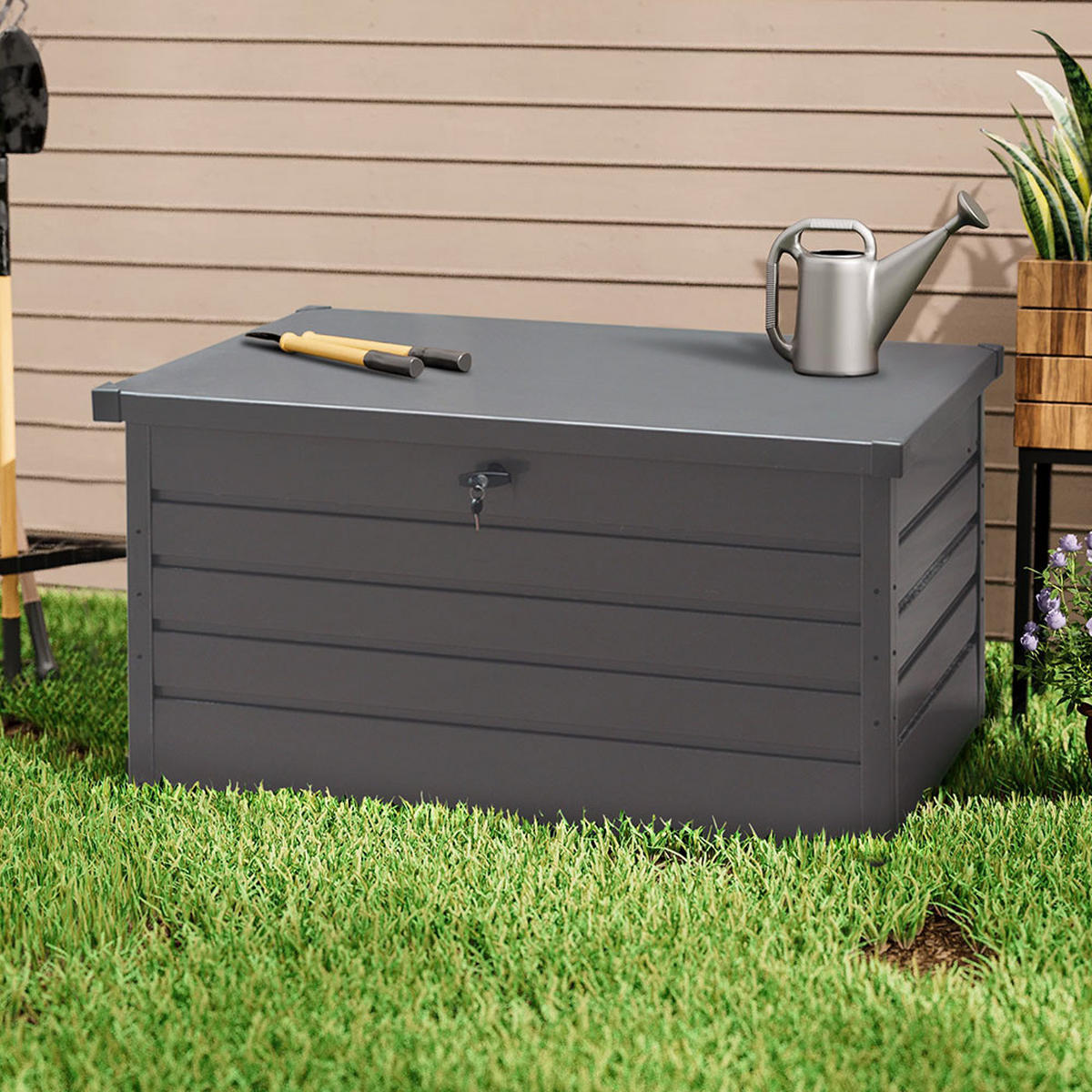 GARTENBOX Kissenbox Auflagenbox 350L aus Metall in Grau in AußenGarten abschließbar 120 x 61 x 63 cm 22 kg - Grau, Metall (120/63/61cm) - Livingandhome
