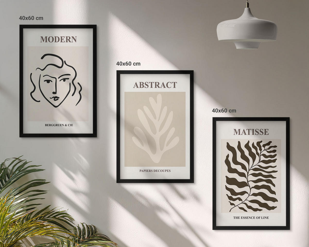 WANDBILDER 3er-Set - 40x60 cm Schwarzer Rahmen - Gesicht Blätter Kunst Matisse - Schwarz, Kunststoff (40/60cm) - ArtPrintCave