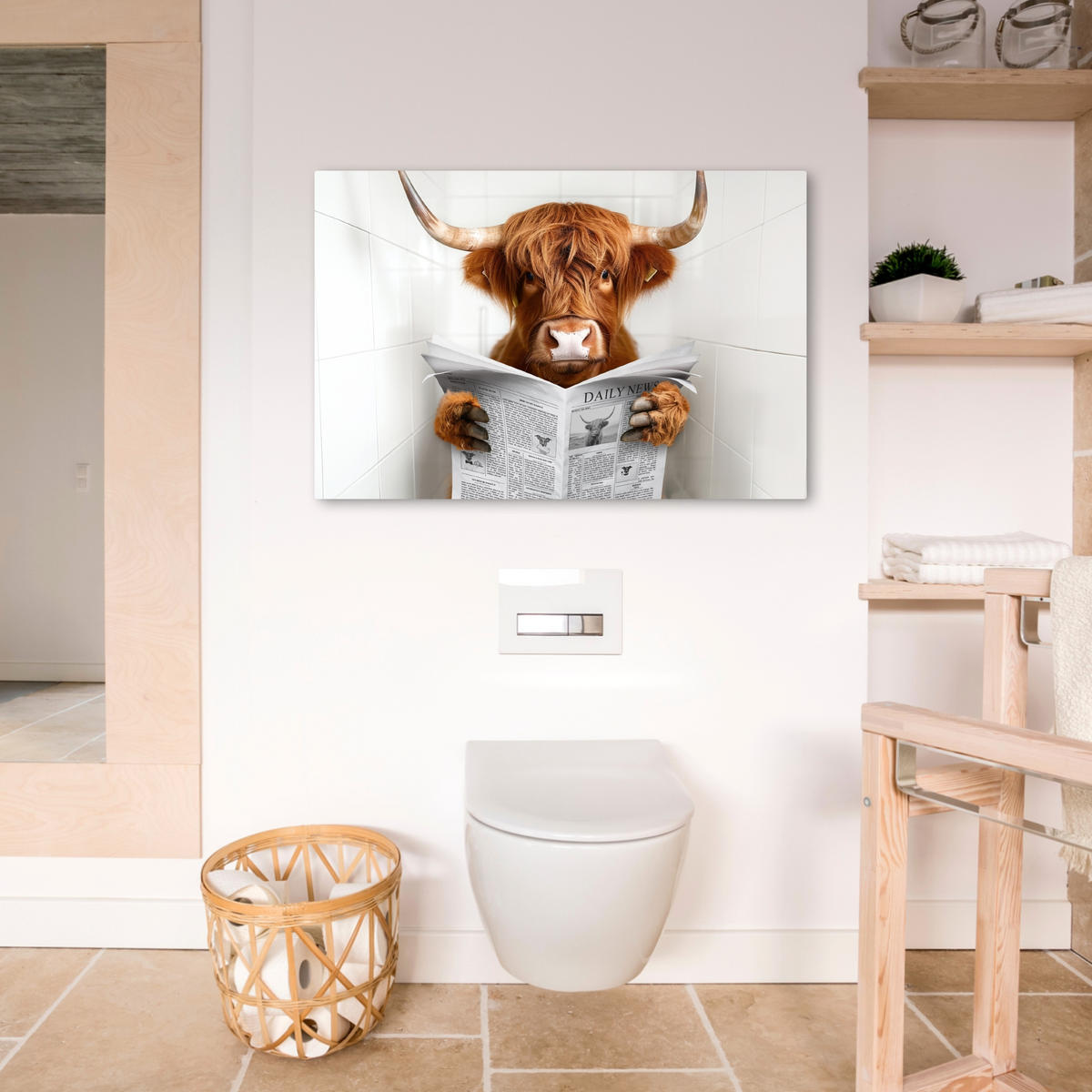 LEINWANDBILD Schottischer Highlander - Tier - Zeitung - Toilette Wanddeko 90x60 cm - Kastanienfarben, Textil (90/60cm) - MuchoWow