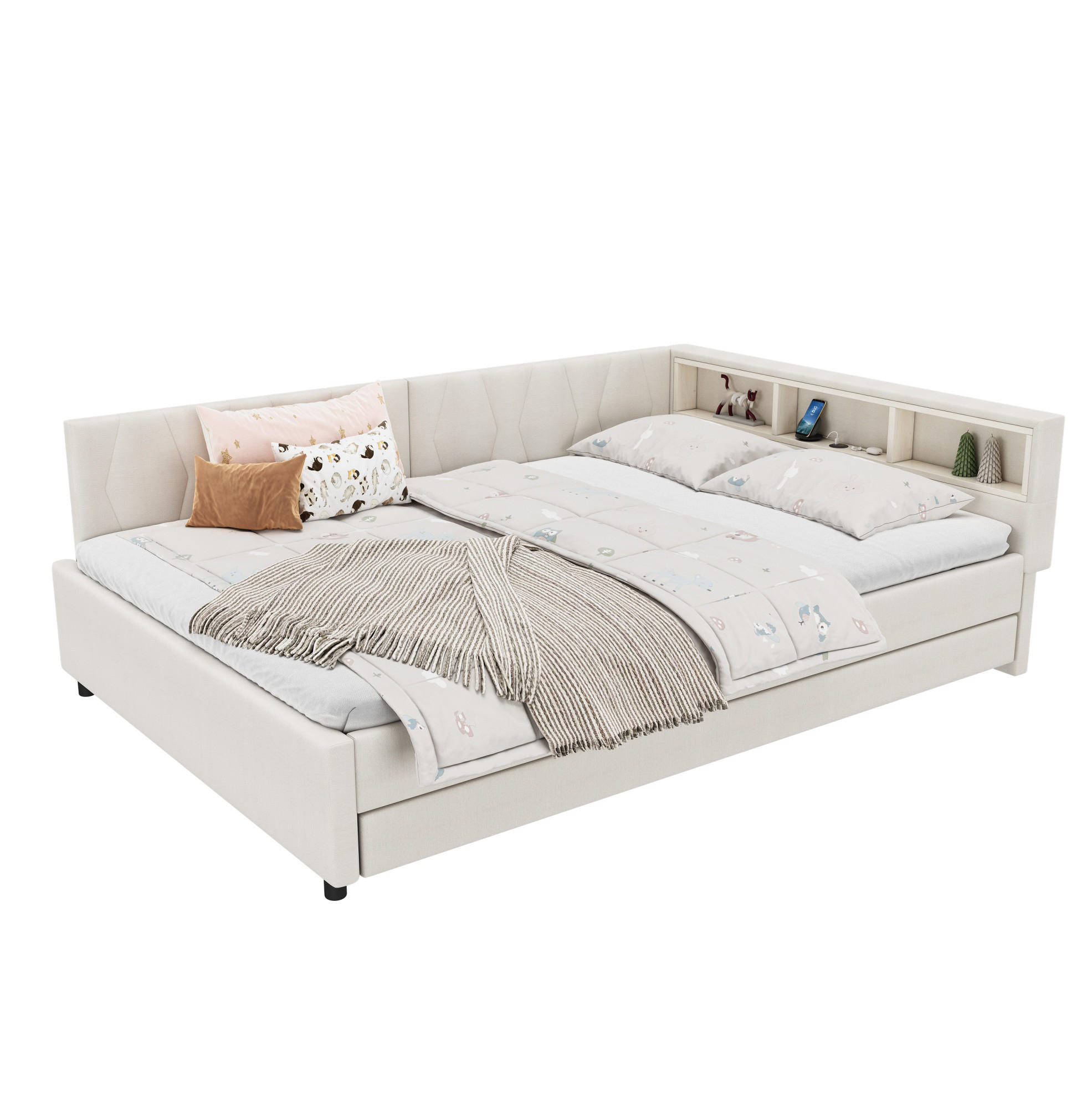 Redom ROZKLÁDACÍ postel 140/200 cm s USB a Type-C nabíjením, LED osvětlením a úložnými přihrádkami, Béžová