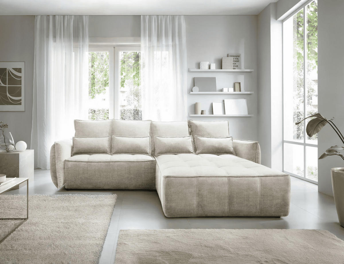 ECKSOFA mit Schlaffunktion und Bettkasten - Beige, Textil (196/265cm) - Eltap
