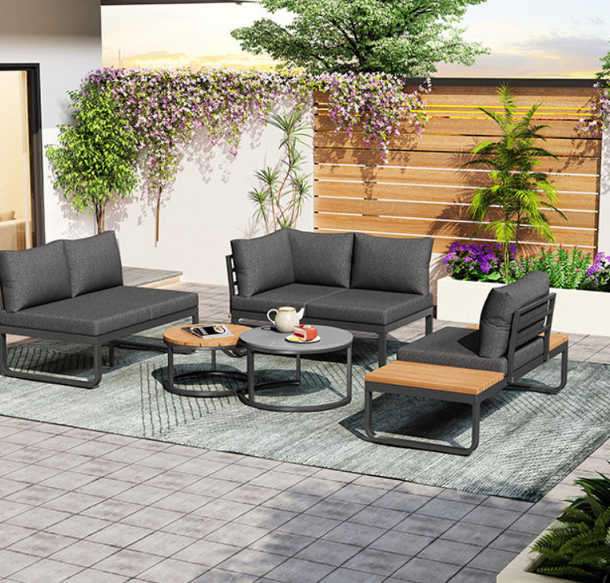 GARTENMÖBEL,4-5 Sitzplätze,2 stapelbare Couchtische,grau - Grau, Metall - Vallsero