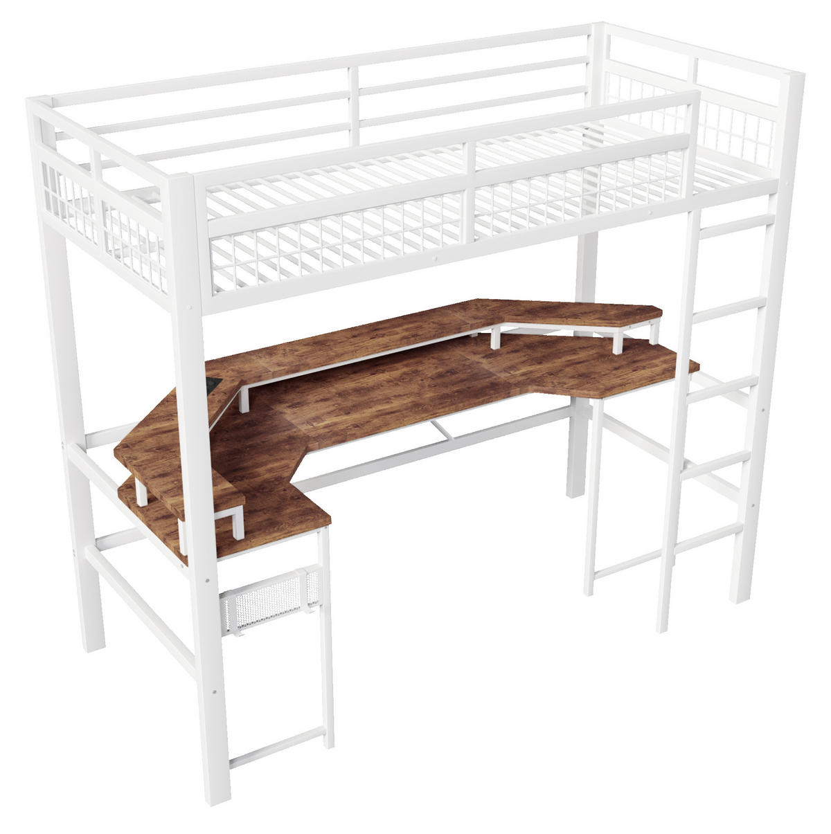 HOCHBETT aus Metall und MDF 90x200 cm Weiß mit Schreibtisch, LED-Lichtleiste, USB, Typ-C, Steckdosen und Lochwand - Weiß, Metall (90/200cm) - Modfu