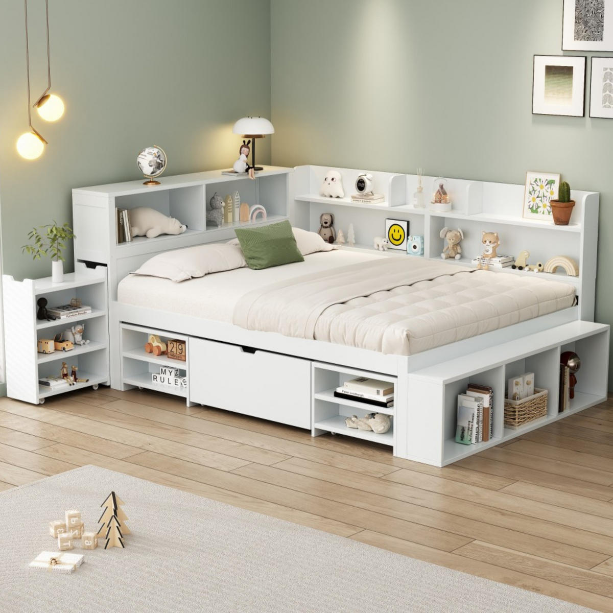 KINDERBETT aus Sperrholz 140x190 cm Weiß mit Schubladen, Regalfächern und Lattenrost - Weiß, Holzwerkstoff (140/190cm) - Modfu