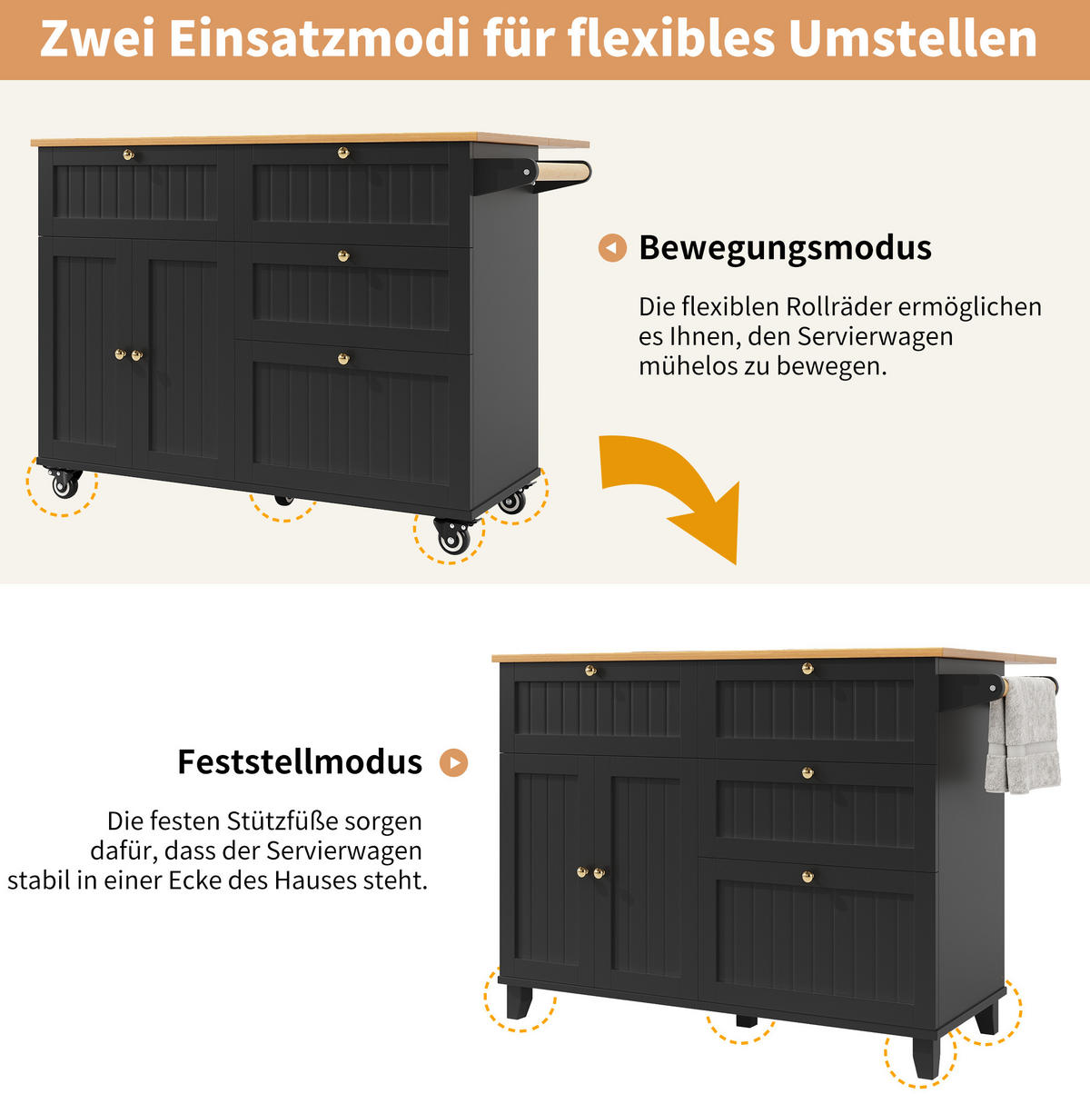 KUCHYNSKÝ ostrovček z MDF 133x70x88 cm čierny s kolieskami, nastaviteľnými nožičkami a úložným priestorom - čierna, kompozitné drevo (133/88/37cm) - Modfu