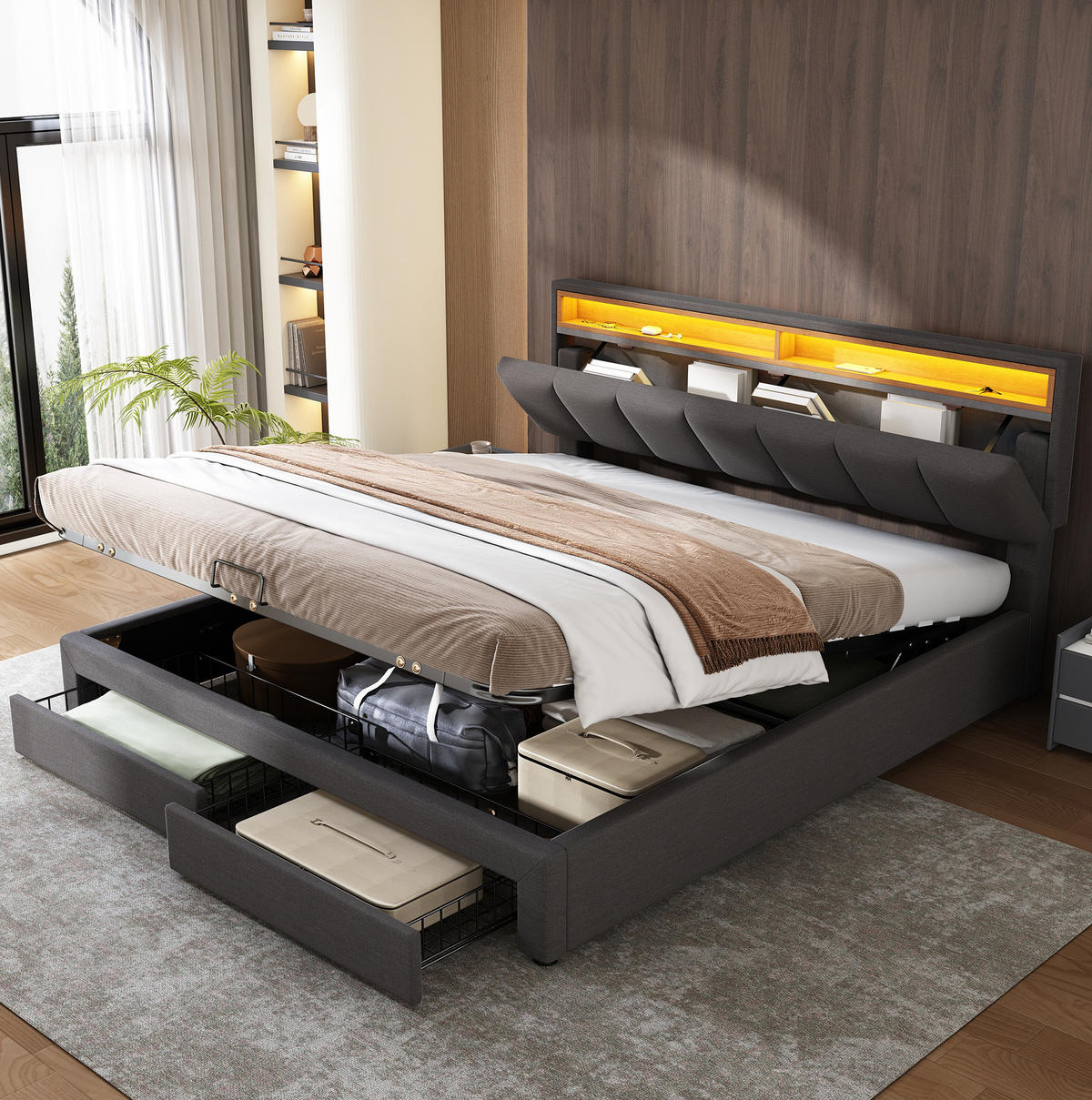 POLSTERBETT 160/200 cm mit LED-Kopfteil, Bettkasten-Stauraum, Hellgrau - Hellgrau, Metall (160/200cm) - Redom