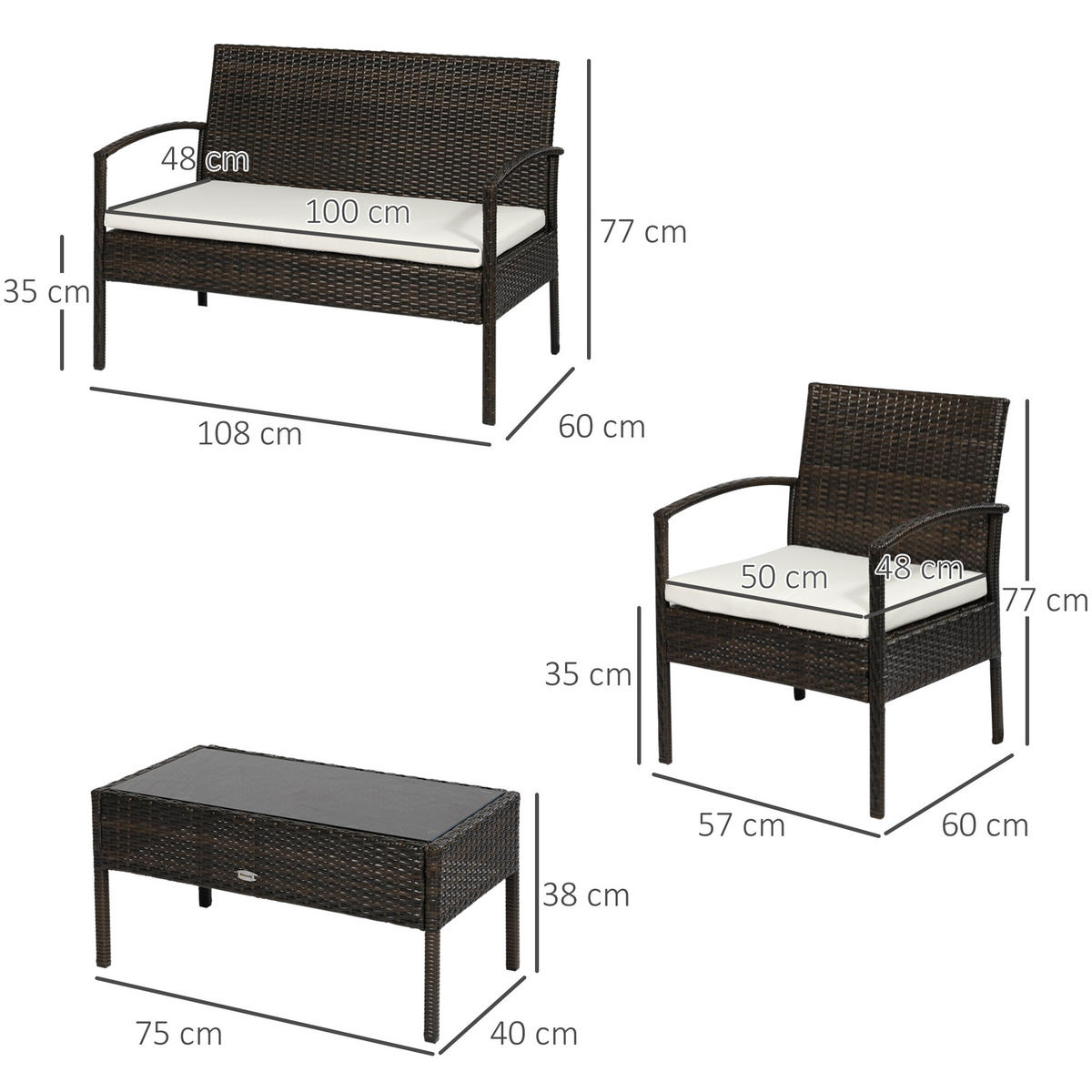 GARTENMÖBEL-SET 4-teiliges Rattensofa-Set Sitzgarnitur, Braun - Braun, Kunststoff