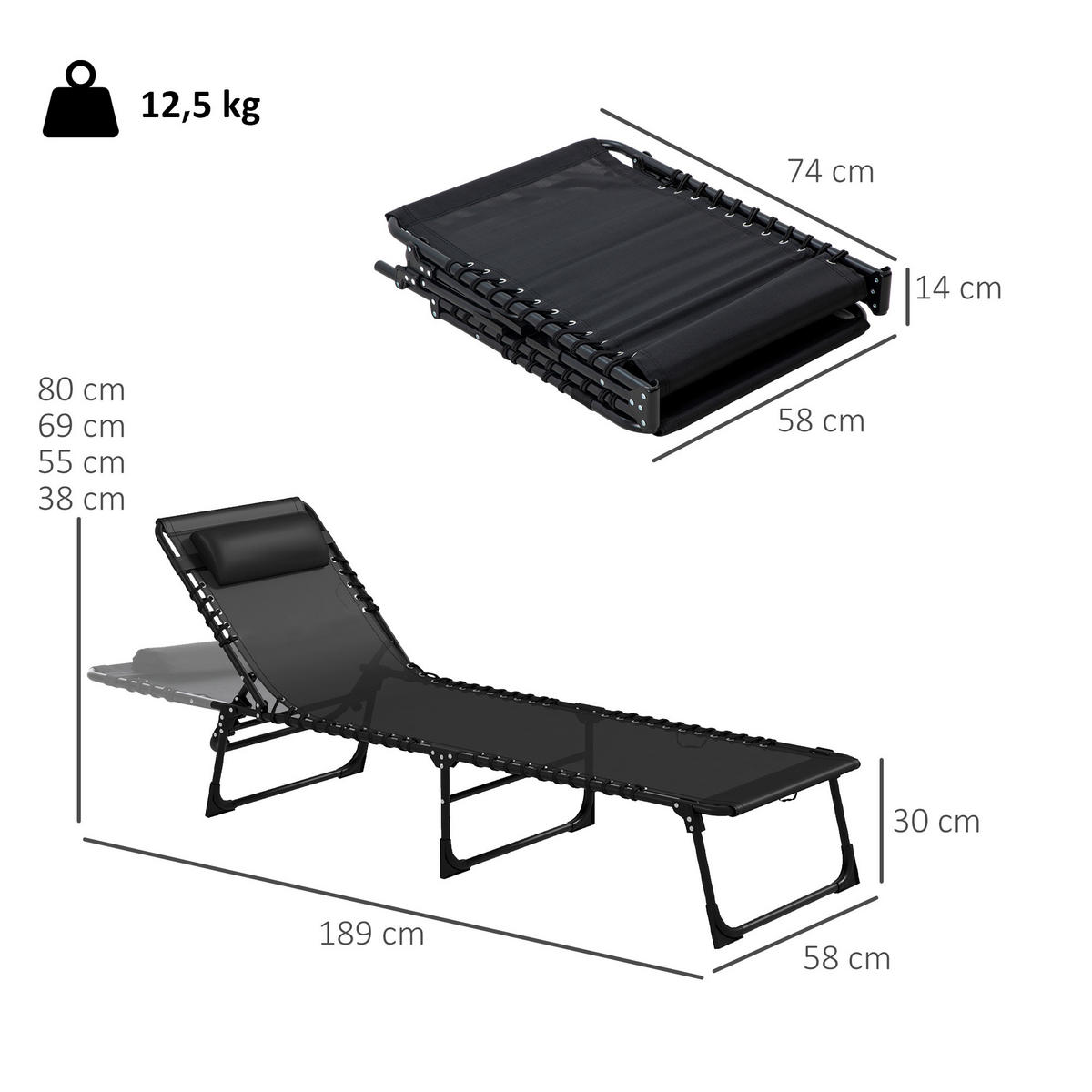 SONNENLIEGE 2er-Set DE-15631 klappbar, 4-fach verstellbar Schwarz - Schwarz, Metall (58/30/189cm) - ComfortXL