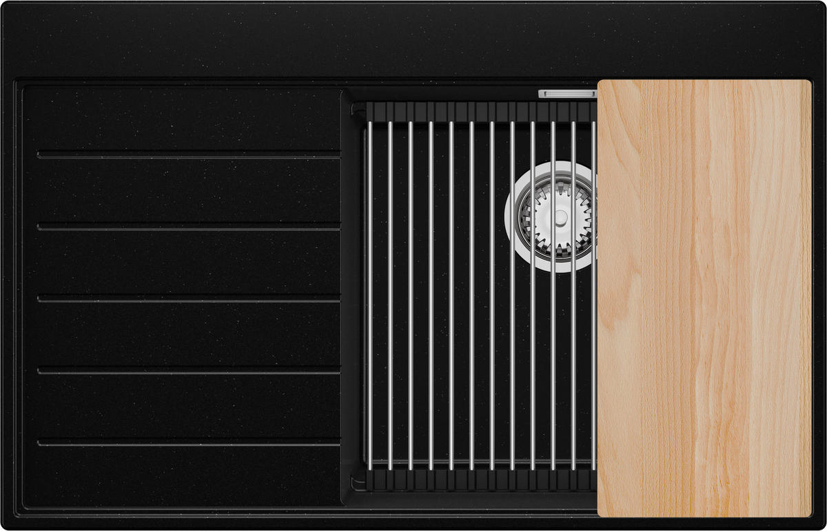 SPÜLBECKEN Sydney, 2-er set Schwarz Metallic 78/50 cm 1 Becken + Ablauf-Set + Küchenzubehörset ab 50er Unterschrank - Chromfarben/Schwarz Hochglanz, Kunststoff (78/20/50cm) - Primagran