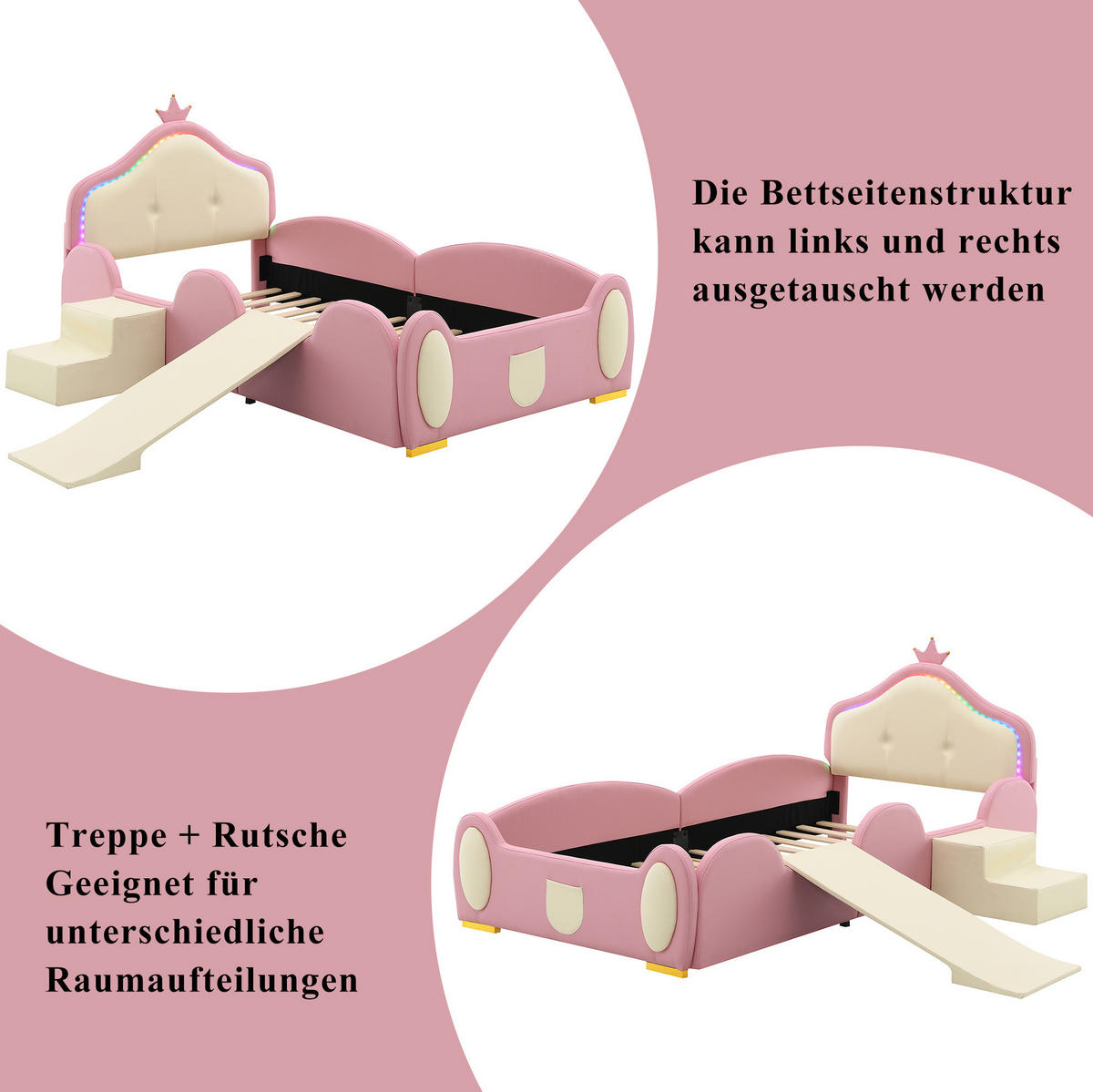 POLSTERBETT 90/200 cm Rosa aus PU mit LED, Rutsche und Treppe - Rosa, Kunststoff (90/200cm) - OKMYHOME