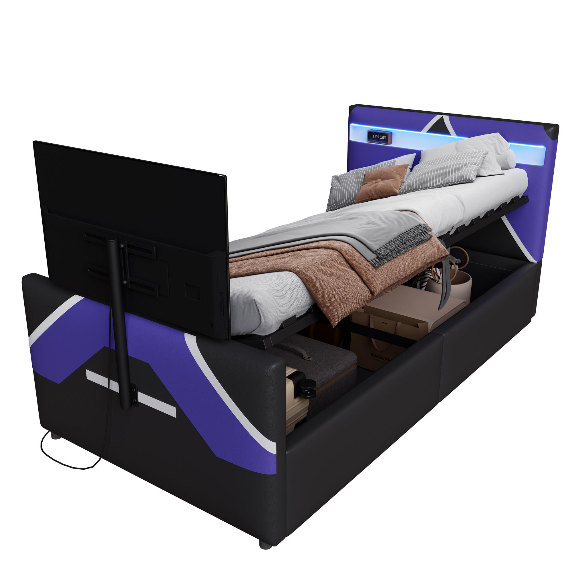 POLSTERBETT 90/200 cm Schwarz mit LED-Beleuchtung und TV-Halterung mit Stauraum - Blau/Schwarz, Kunststoff (90/200cm) - OKWISH