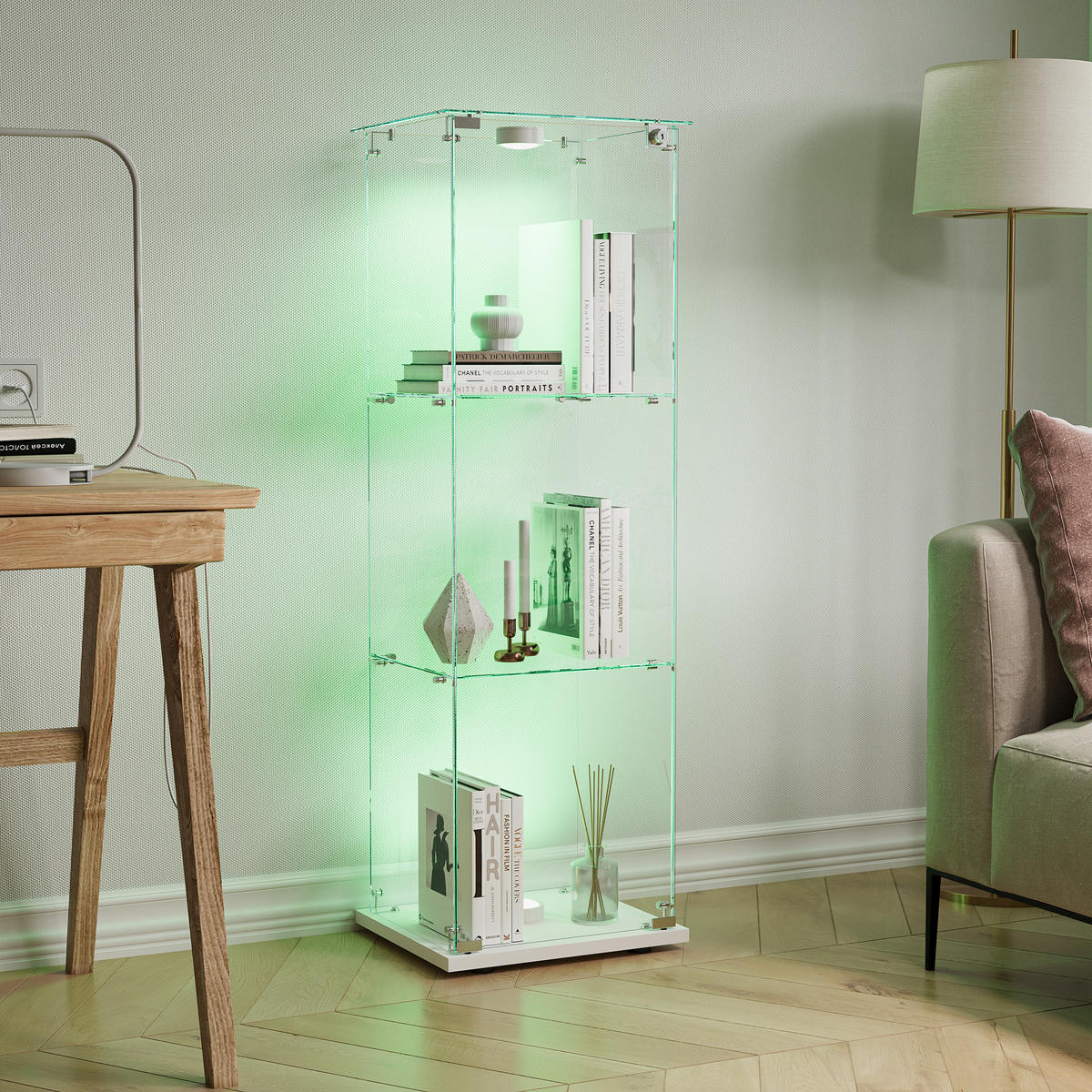 VITRINE, 3 Einlageplatten, einflügelige Glastür mit Schloss, Touch-Spot-Leuchten, Weiß - Weiß, Glas (39.8/123.3/35cm) - BRILVERDE