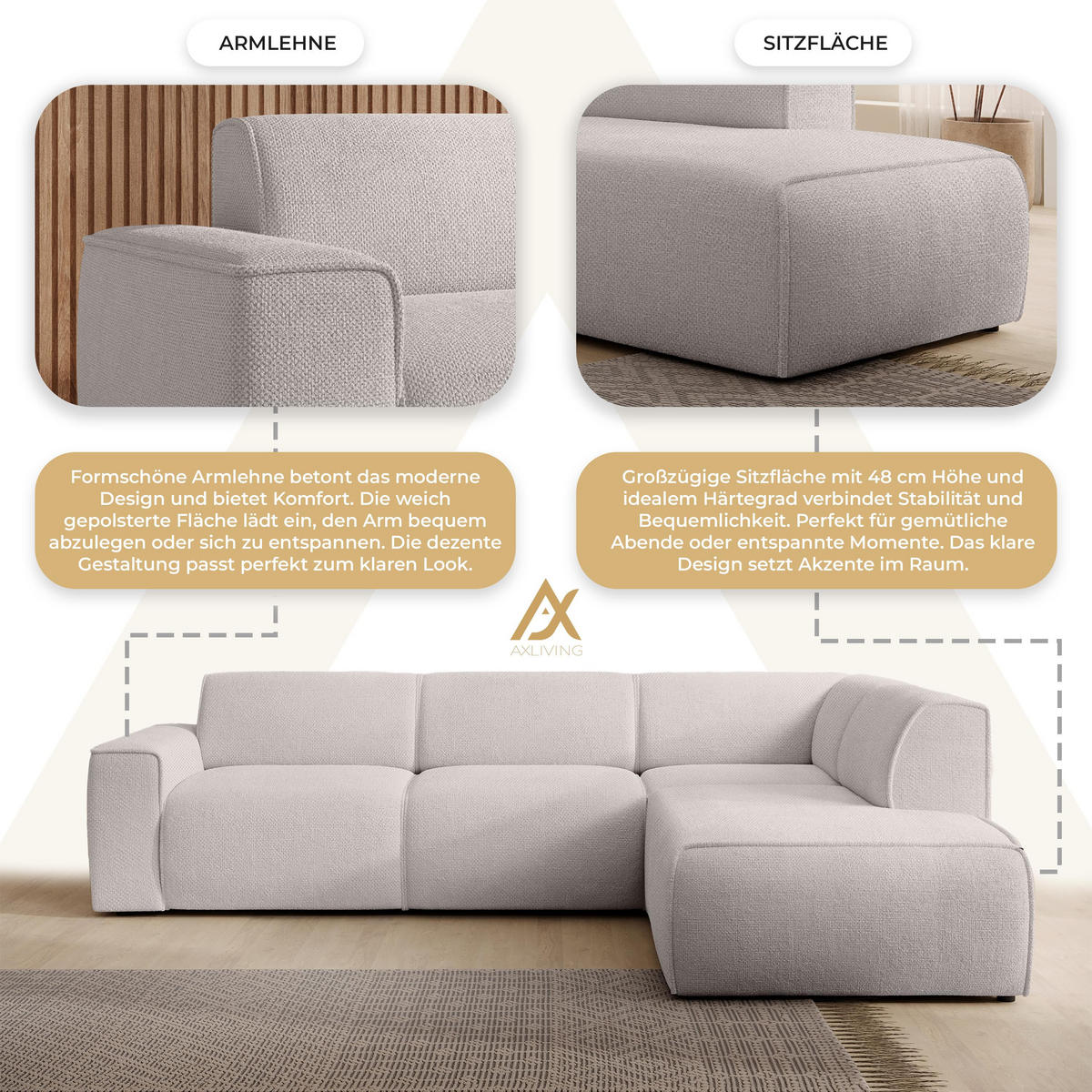 ECKSOFA L Form Didim Taupe 292/220/78 cm – großes Sofa stilvoll & bequem R - Taupe/Schwarz, Kunststoff/Textil (292/220cm) - AX Living