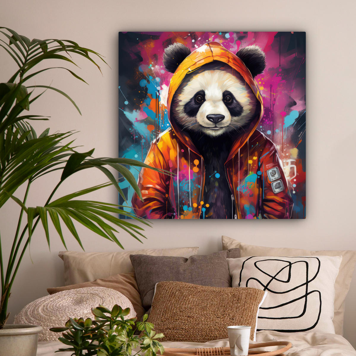 LEINWANDBILD Panda - Jacke - Graffiti - Orange Deko Groß 90x90 cm - Orange, Textil (90/90cm) - MuchoWow