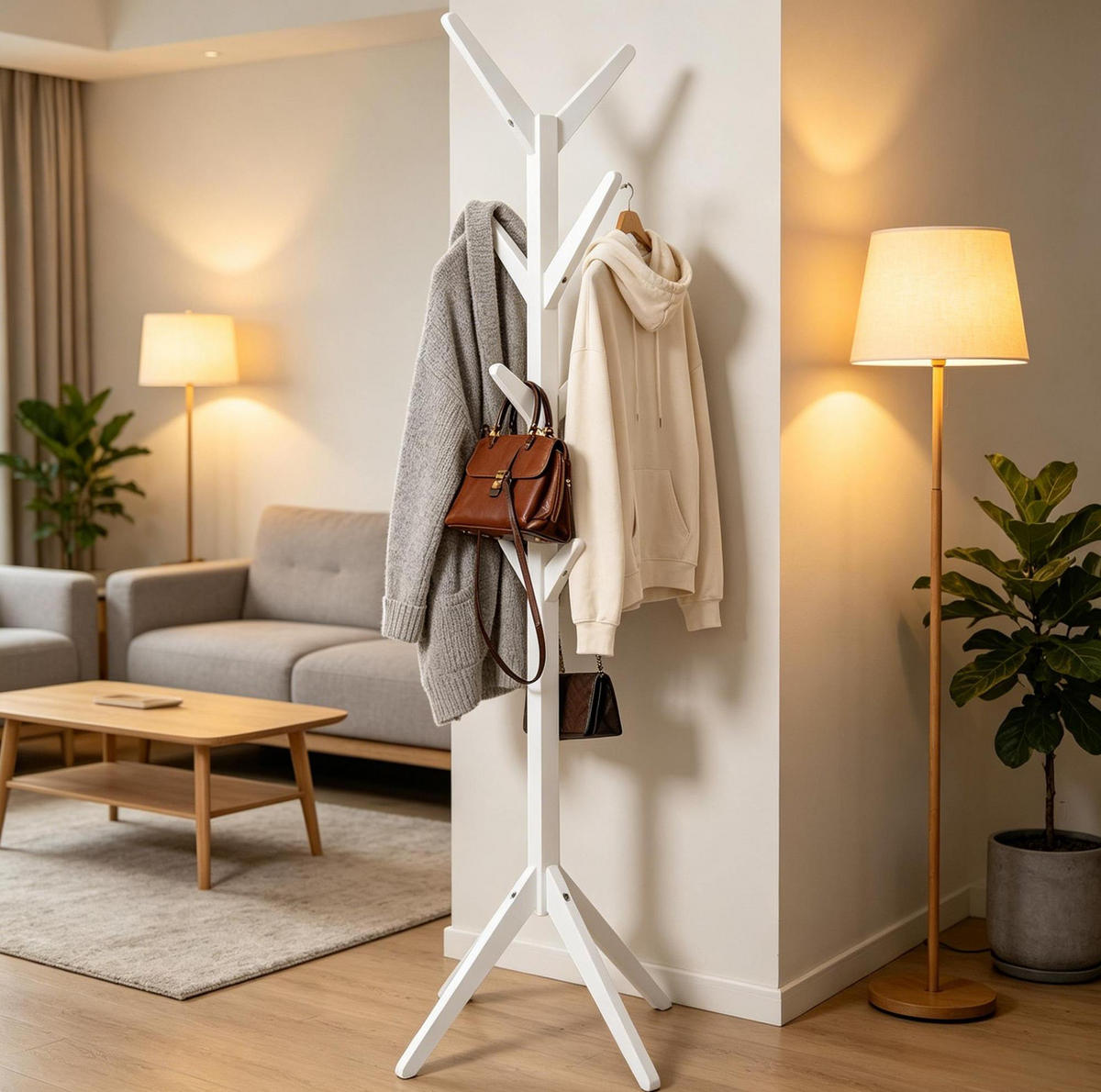 GARDEROBENSTÄNDER 43/43/180 cm weiß aus Massivholz mit 8 Haken - Weiß, Holz (43/180/43cm) - OKWISH