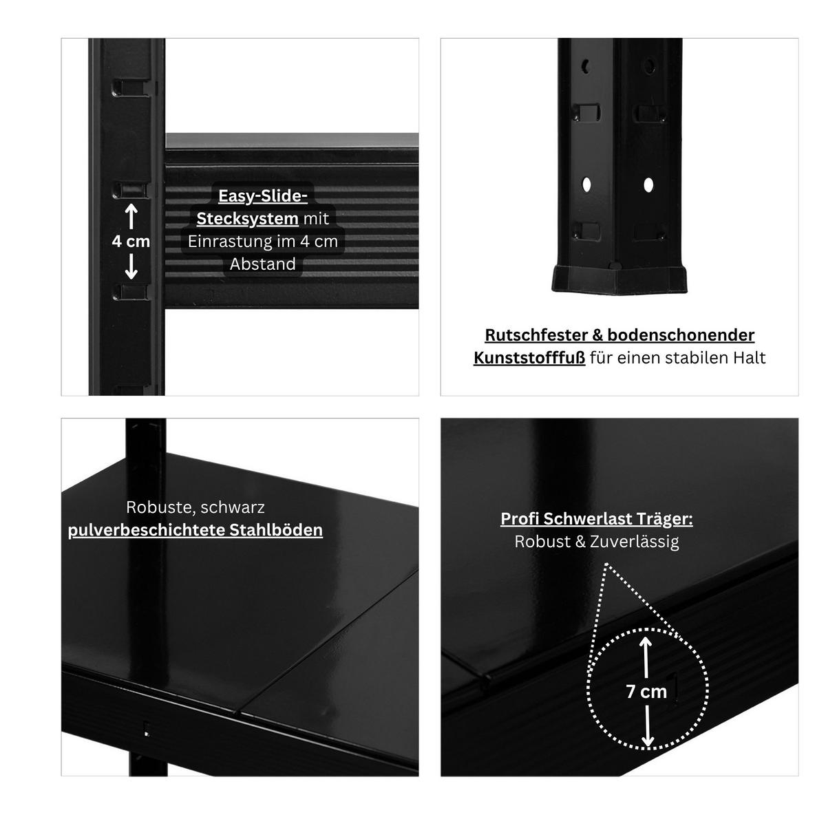 SCHWERLASTREGAL Hercules 200x200x60cm 4 Stahlplatten-Ebenen Fachlast 400kg Schwarz - Schwarz, Metall (200/200/60cm) - PROREGAL