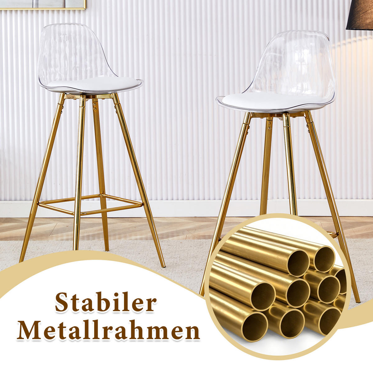BARHOCKER 2er-Set Gold und Transparent mit Rückenlehne - Goldfarben, Metall (38/96.5/33cm) - PANGIVO