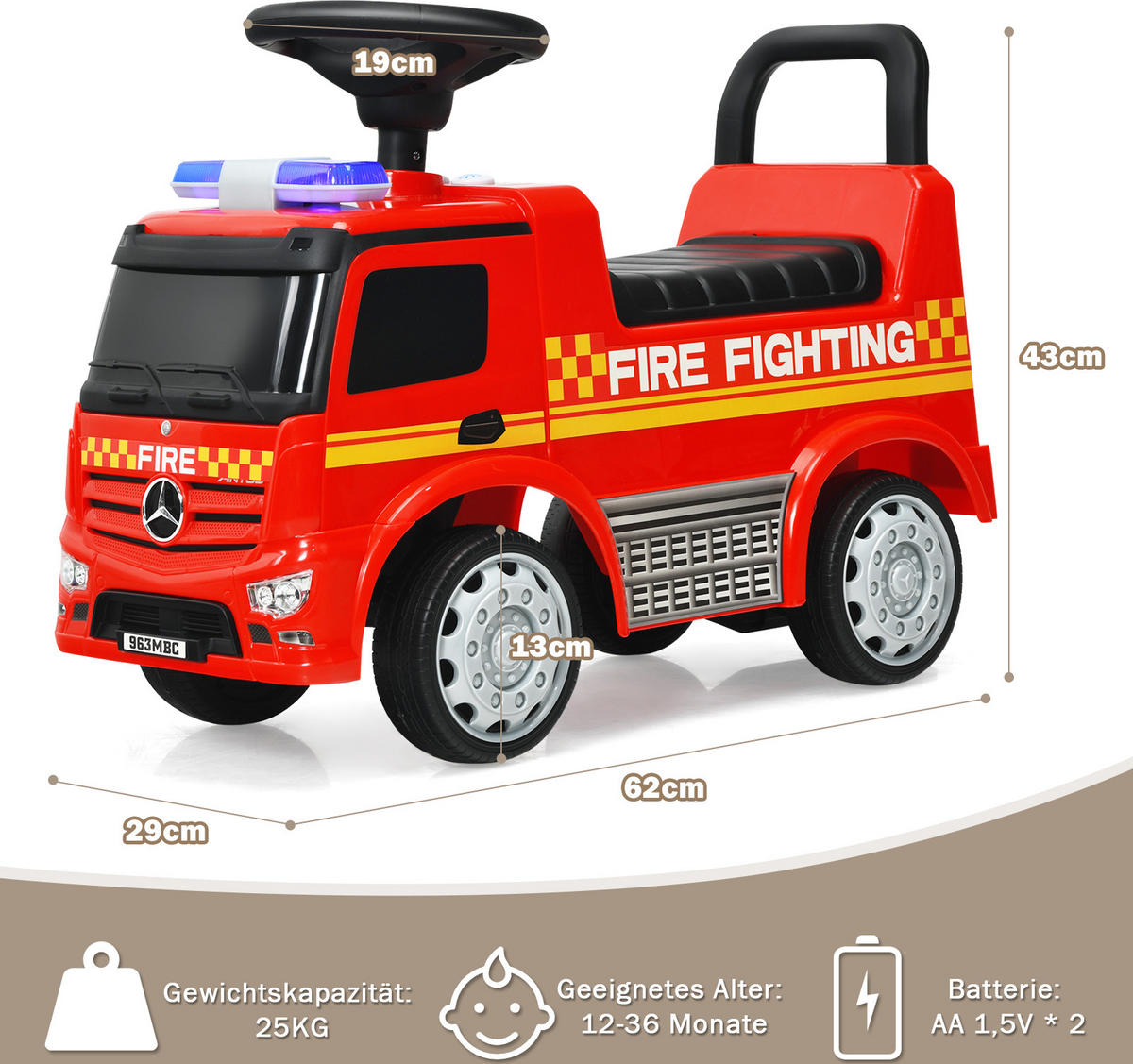 KINDER-FEUERWEHRAUTO Mercedes Benz Rot - Rot, Metall (29/43/62cm) - COSTWAY