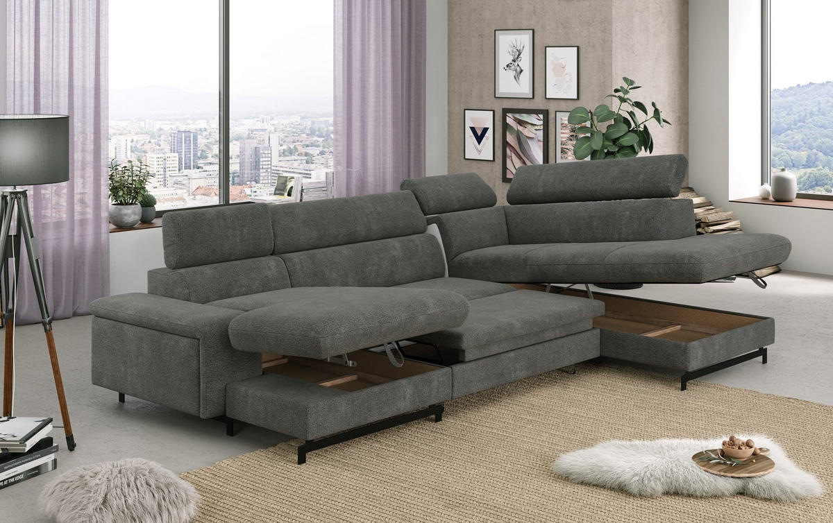 WOHNLANDSCHAFT mit Schlaffunktion und Bettkasten, Orlando-Stoff - Schwarz/Grau, Kunststoff/Textil (215/81/328cm) - Cotta