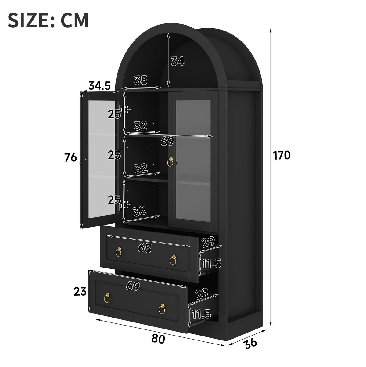 VITRINENSCHRANK aus Spanplatte 80x36x170 cm Schwarz mit Glastüren und Schubladen - Schwarz, Holzwerkstoff (80/170/36cm) - IVMEU