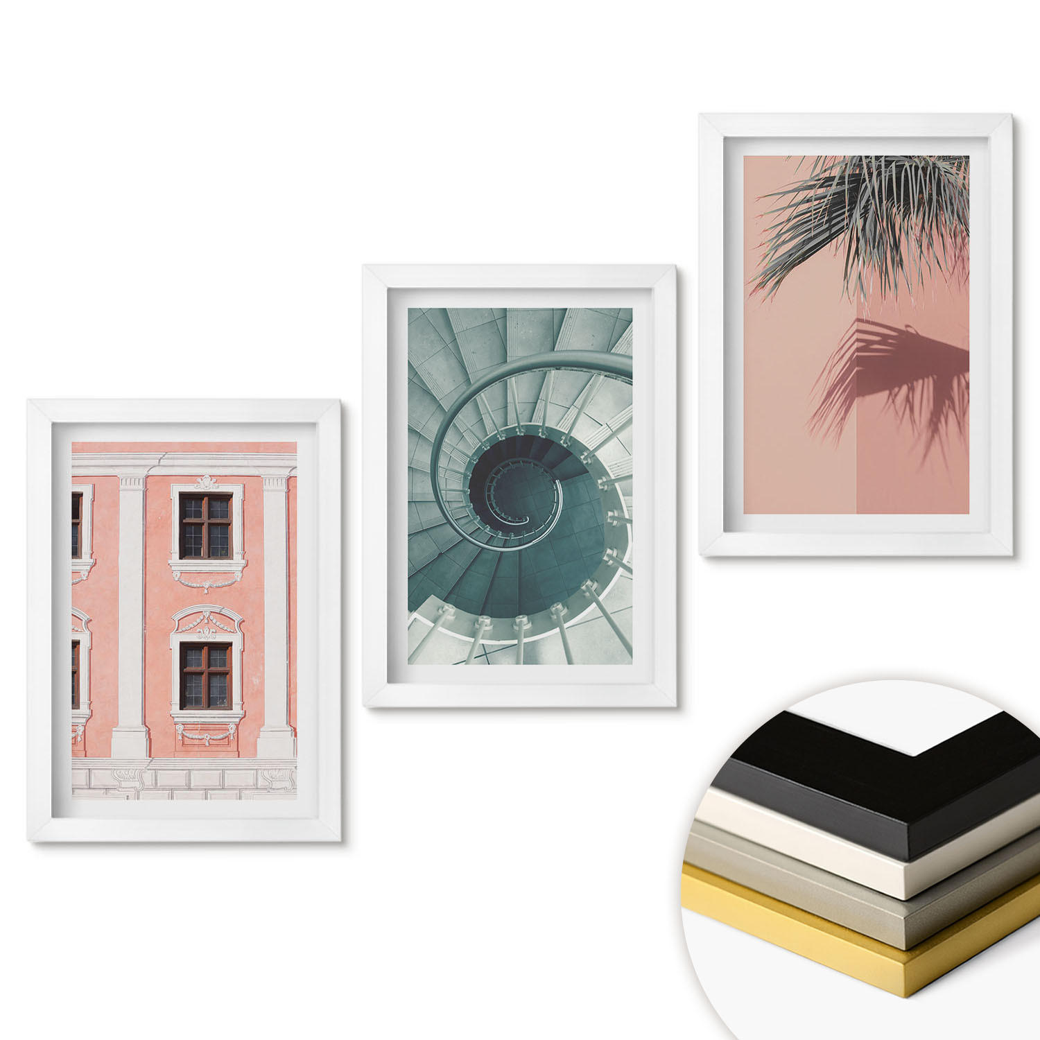WANDBILDER 3er-Set - 20x30 cm Weißer Rahmen - Pastellfarbene Spiralarchitektur - Weiß, Kunststoff (20/30cm) - ArtPrintCave