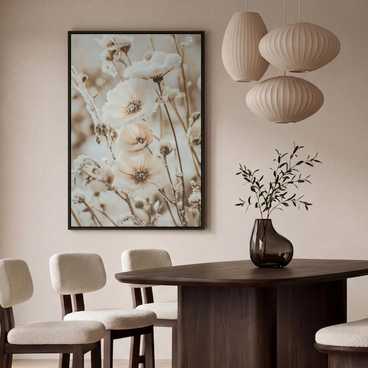 LEINWAND Bilder mit Rahmen - Blumen - Winter - Weiß - Schnee - Beige - 90x140 - Creme, Textil (90/140cm) - MuchoWow