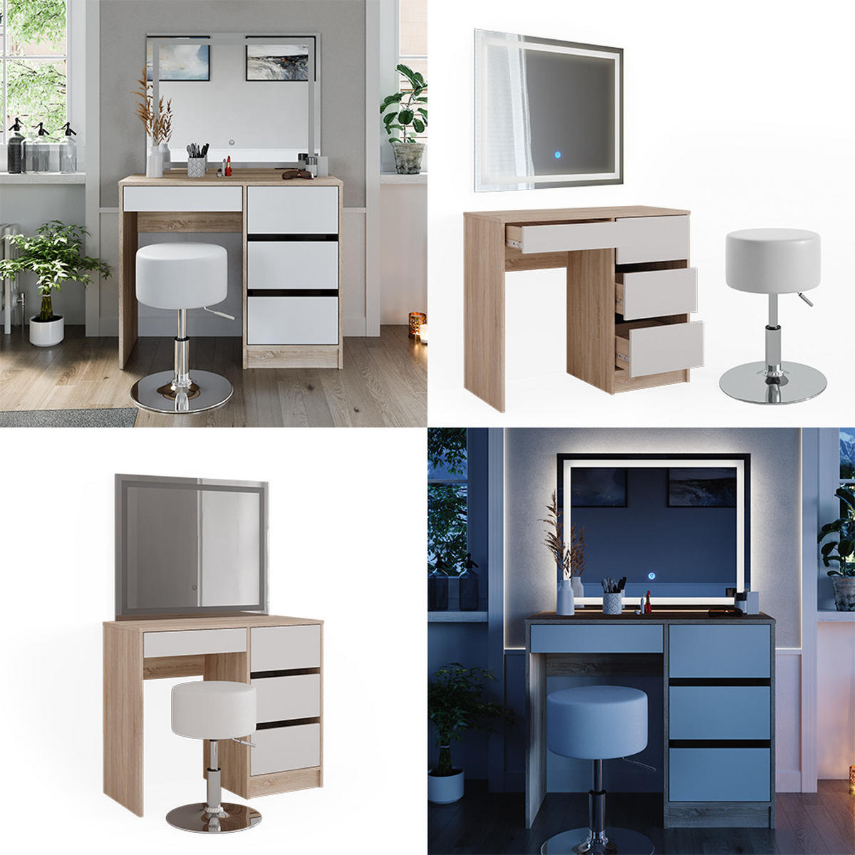 SCHMINKTISCH Sherry Sonoma 90 cm mit LED-Spiegel und Hocker - Weiß/Sonoma Eiche, Holzwerkstoff (90/75/40cm) - Vicco