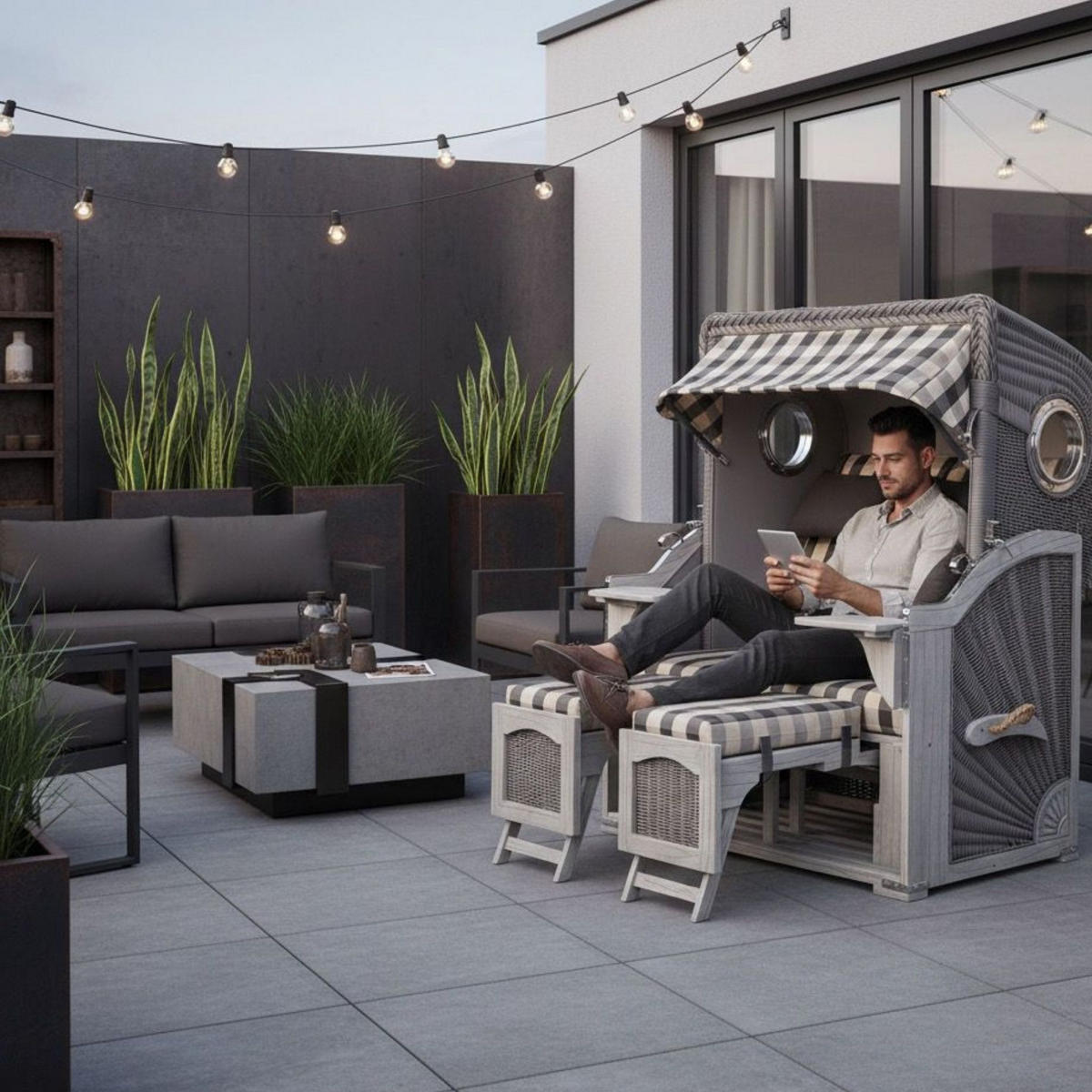 STRANDKORB Düne Koboo Grau Bullaugen - Braun/Grau, Holz/Metall (125/170/80cm) - Mr. Deko