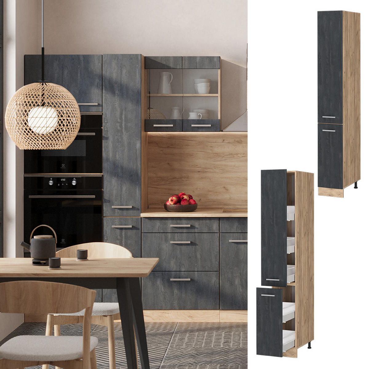 APOTHEKERSCHRANK R-Line Schwarz Beton 30 cm - Honigeiche/Eiche Wotan, Holzwerkstoff (30/206.8/57.2cm) - Vicco