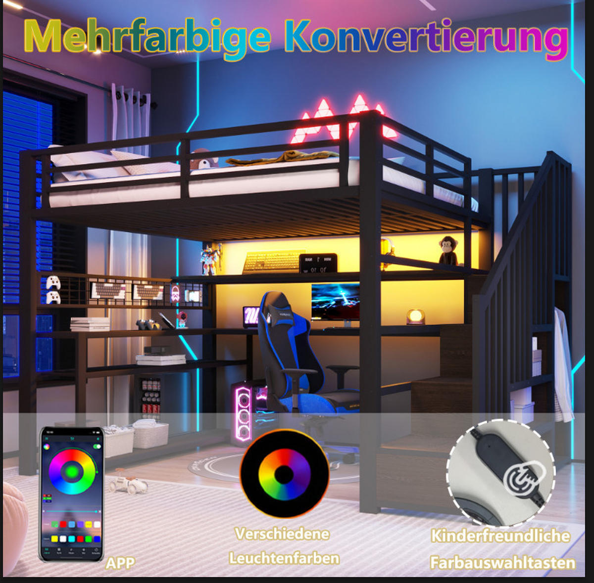 HOCHBETT mit Schreibtisch 90x200 cm Metall Schwarz 4-tlg. - Schwarz, Metall (90/200cm) - Meubliv