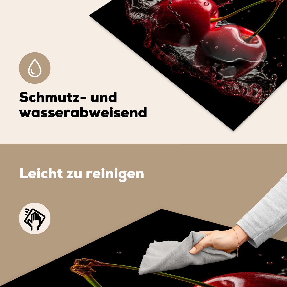 HERDABDECKPLATTE Kirsche - Rot - Frucht - Wasser - Schwarz 77x59 cm - Kirschrot, Kunststoff (77/0.2/59cm) - MuchoWow