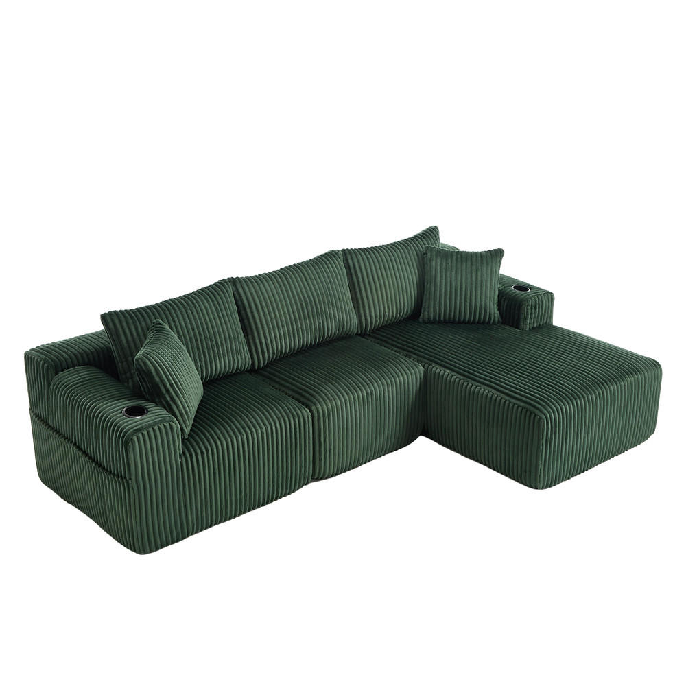 ECKSOFA Cordstoff 257 x 160 cm mit Getränkehalter - Smaragdgrün, Textil (160/257cm) - Raelunyi