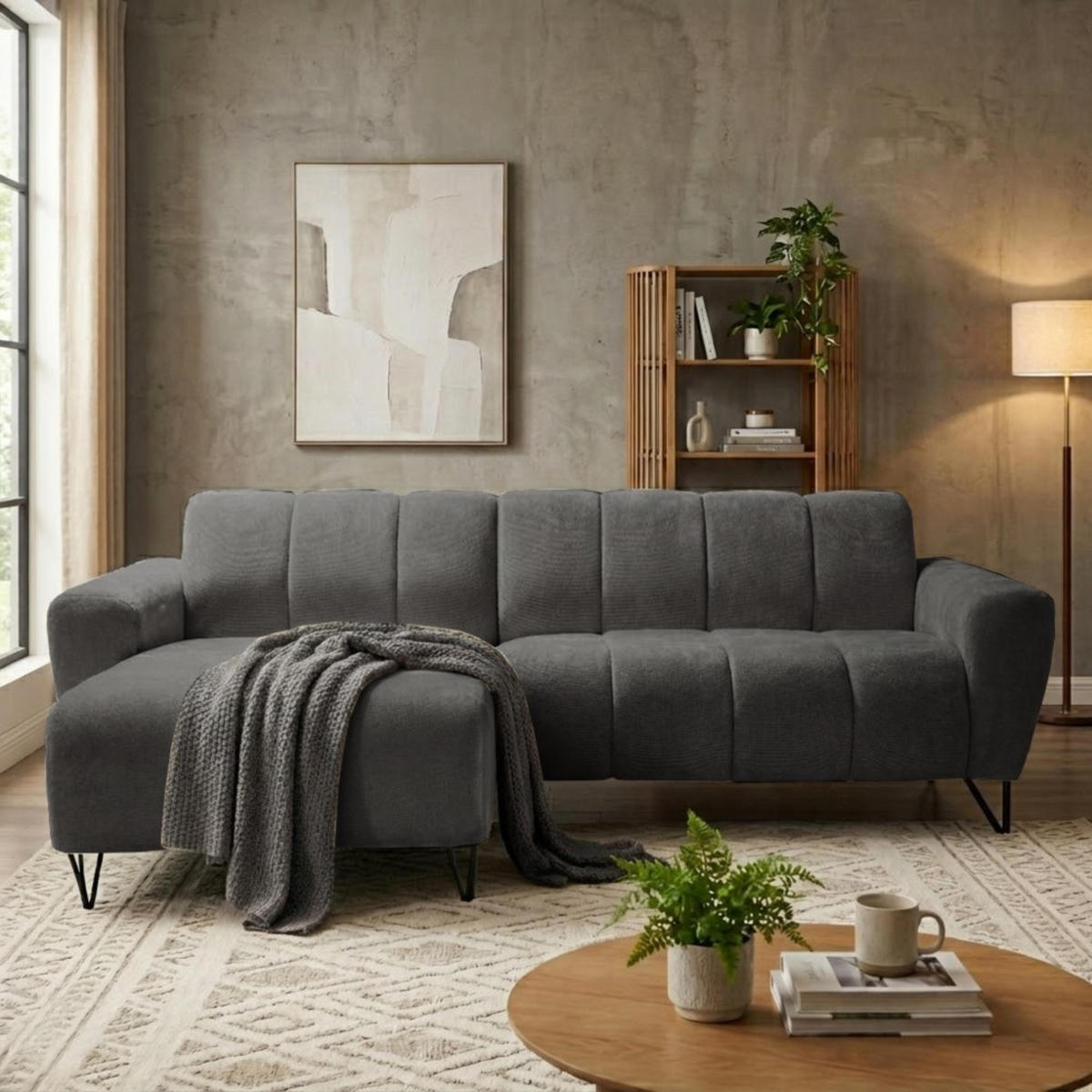 ECKSOFA Volare Mini ohne Schlaffunktion dunkelgrau, links, Storm-Stoff - Dunkelgrau/Schwarz, Textil/Metall (256/165cm) - Beautysofa