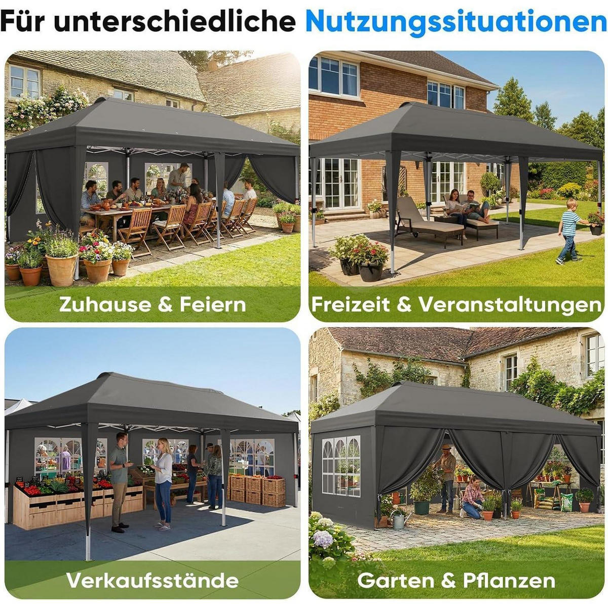 FALTPAVILLON 3x6m mit 6 Seitenwänden Grau Bogenfenster - Grau, Metall (585/285/293cm)