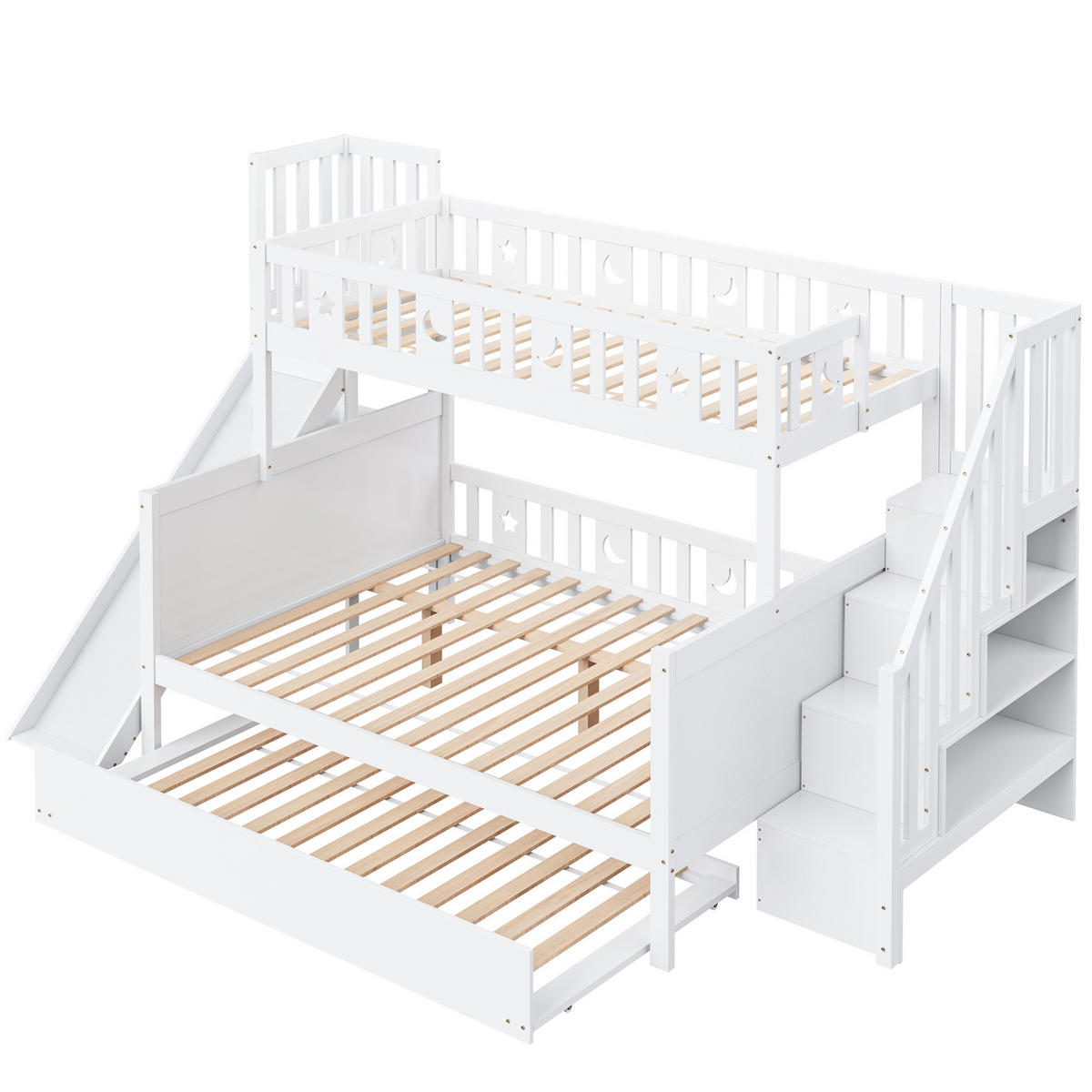 ETAGENBETT 90/200 & 140/200 cm mit Rutsche, Leiter, Ausziehbett und Stauraum, Weiß - Weiß, Holzwerkstoff (90/200cm) - Redom